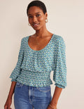 Smocked Jersey Peplum Top-Aegean Blue, Sunflower Spring
