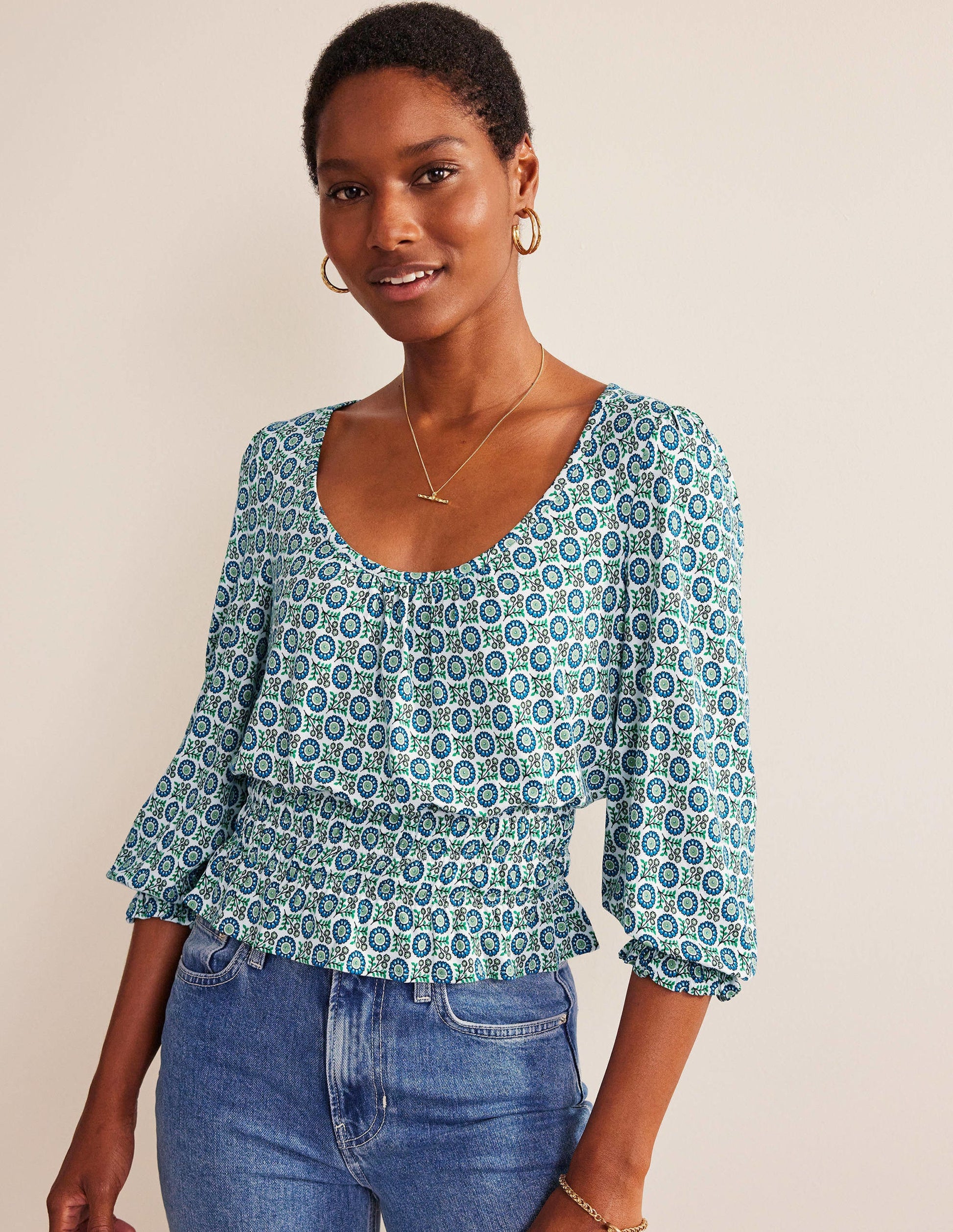 Smocked Jersey Peplum Top-Aegean Blue, Sunflower Spring-1