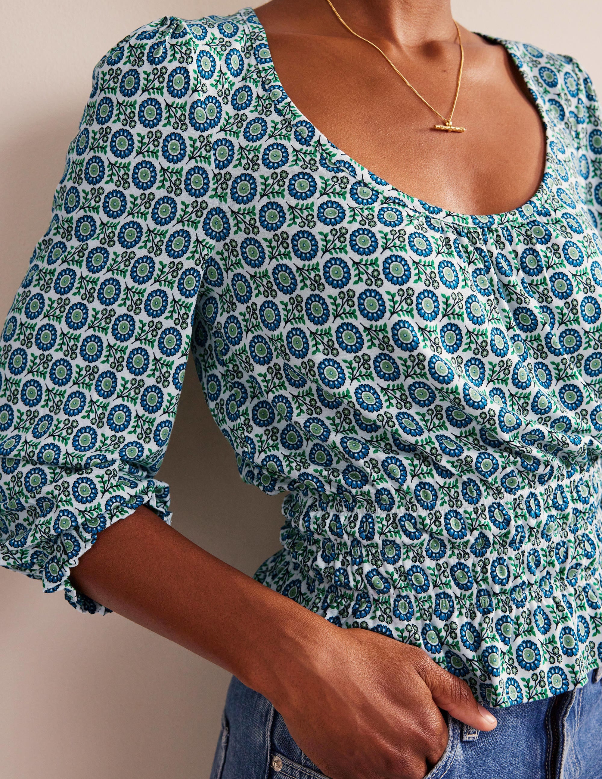 Smocked Jersey Peplum Top-Aegean Blue, Sunflower Spring - Image 2