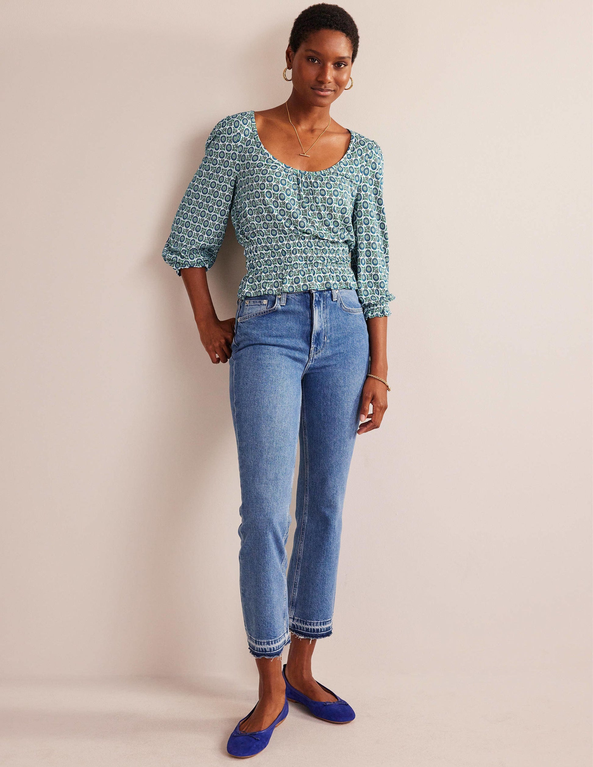 Smocked Jersey Peplum Top-Aegean Blue, Sunflower Spring-4