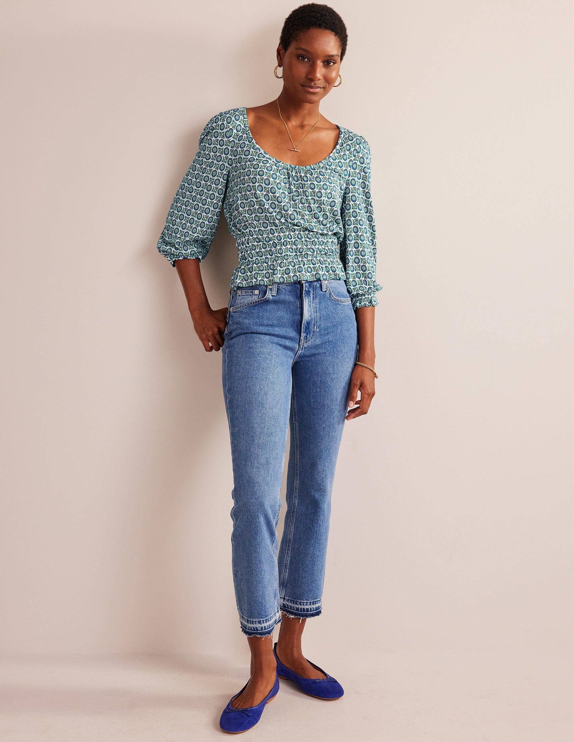 Smocked Jersey Peplum Top-Aegean Blue, Sunflower Spring - Image 4