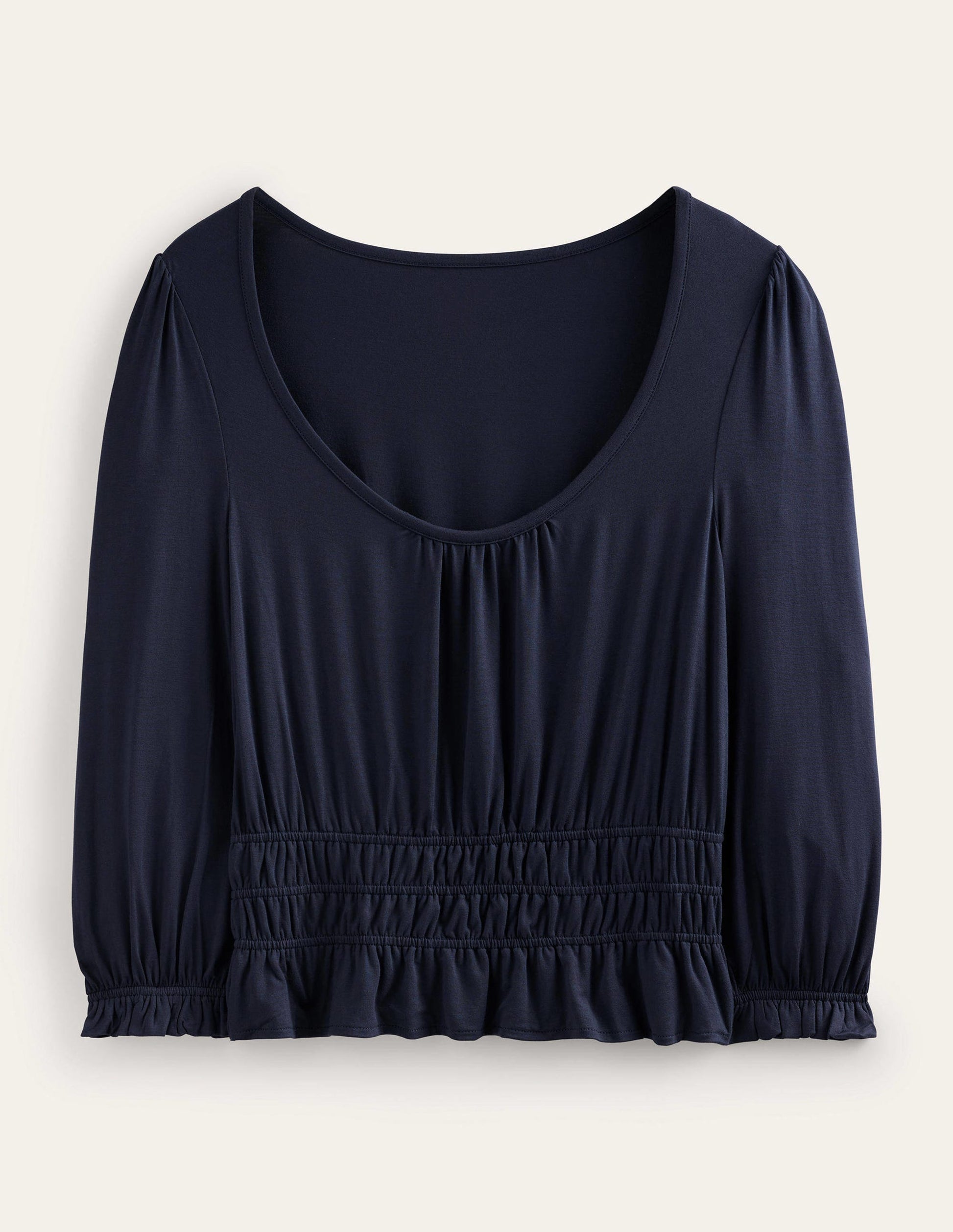 Gesmoktes Jersey-Oberteil mit Schößchen-Marineblau-5