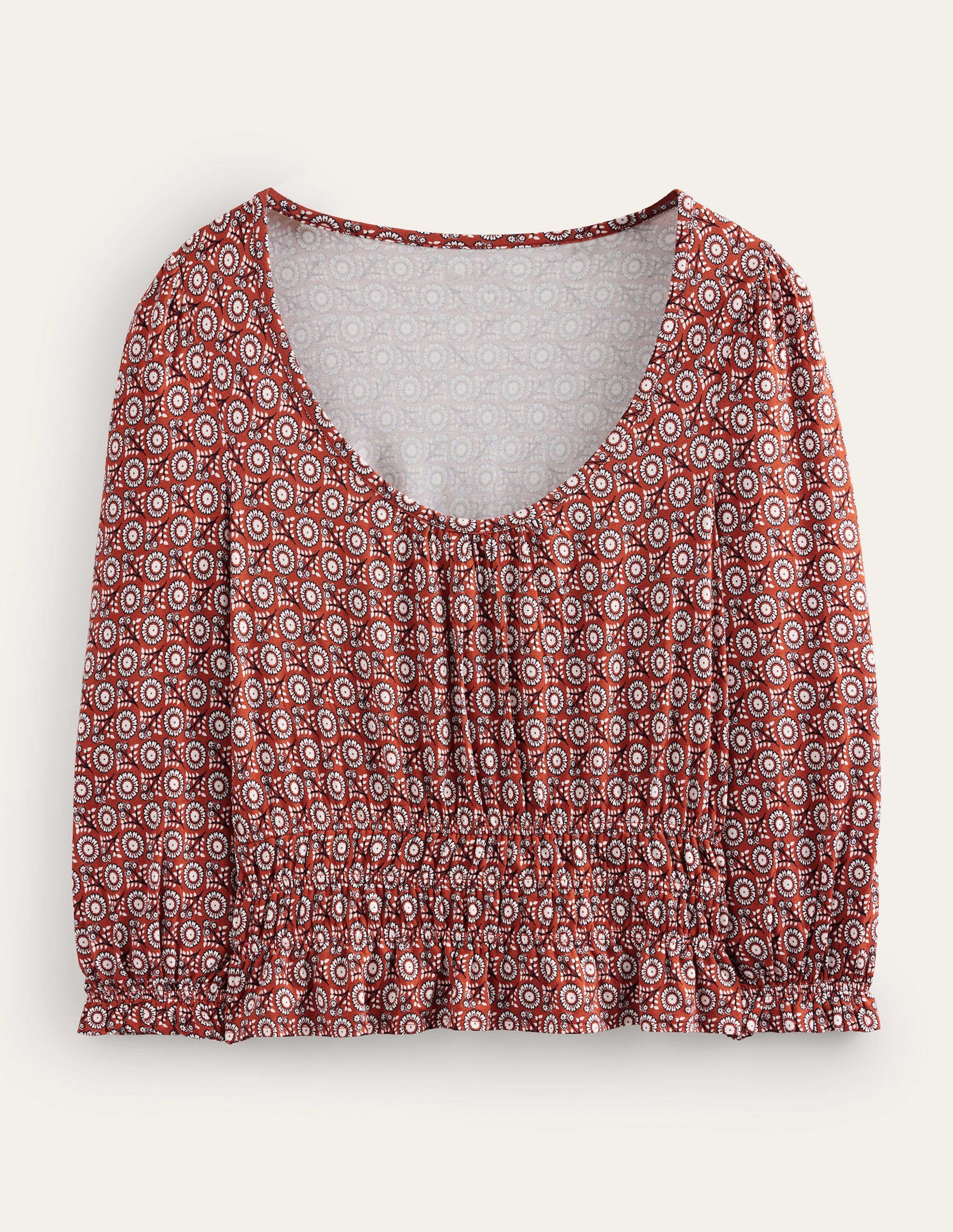 Gesmoktes Jersey-Oberteil mit Schößchen-Tomate, Sonnenblumenzweig-5