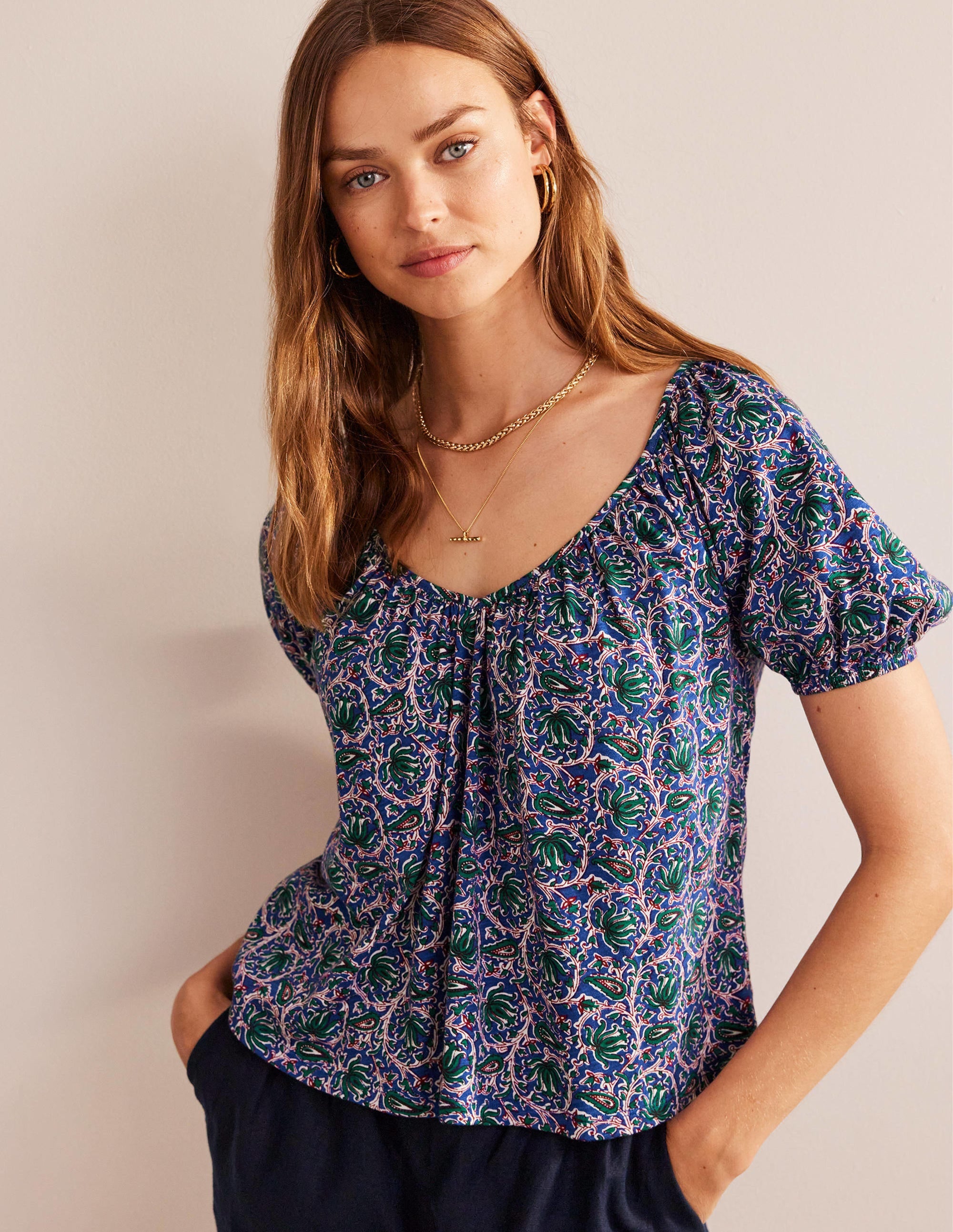 V-Neck Jersey Swing Top-Blue Wave, Botanic Vine - Image 1