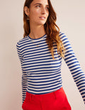 Anna Rib Crew T-Shirt-Lapis Blue, Ivory Stripe