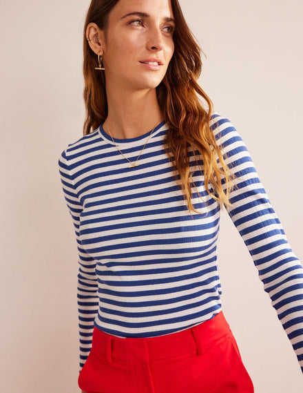 Alice T-Shirt mit Rippstruktur-Lapisblau, Naturweiß Gestreift