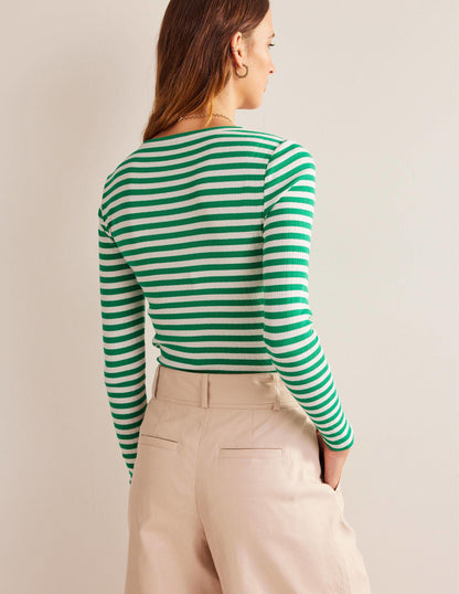 Alice T-Shirt mit Rippstruktur-Wiesengrün, Naturweiß Gestreift-3