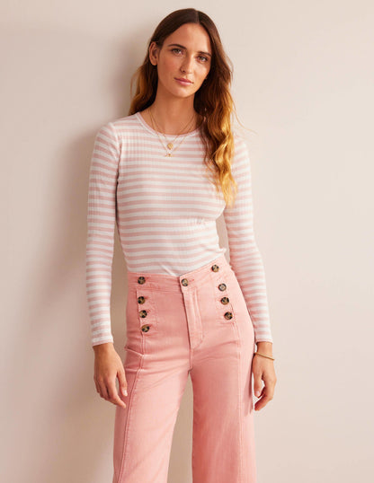 Alice T-Shirt mit Rippstruktur-Naturweiß, Pfirsichhaut Gestreift-1