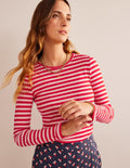 Anna Rib Crew T-Shirt-Peach Skin, Hot Pepper Stripe