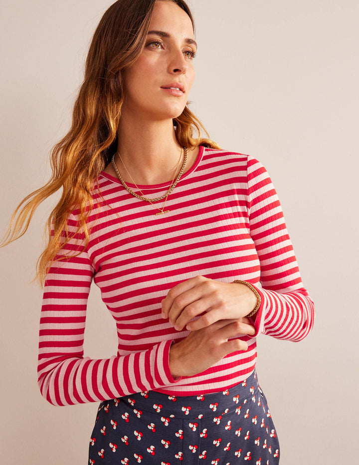 Alice T-Shirt mit Rippstruktur-Pfirsichhaut, Pepperoni Gestreift