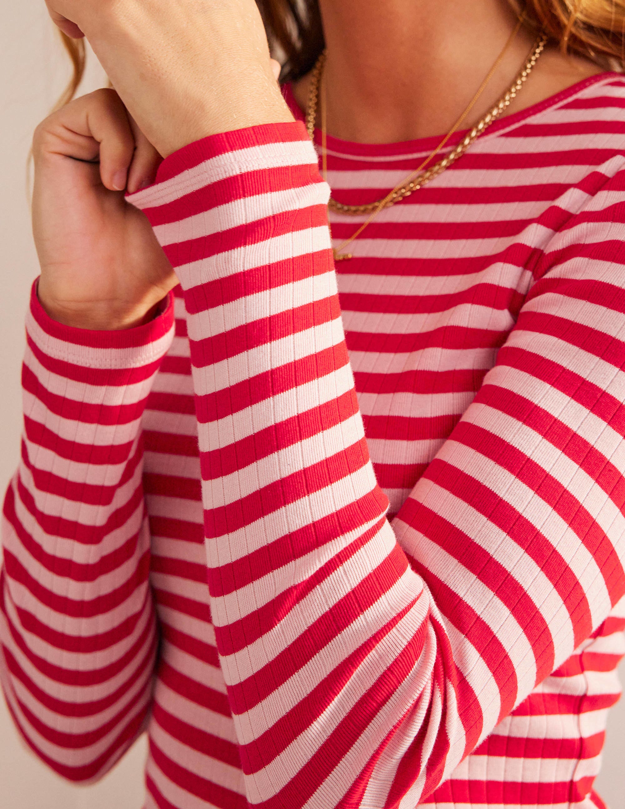 Alice T-Shirt mit Rippstruktur-Pfirsichhaut, Pepperoni Gestreift - Image 2