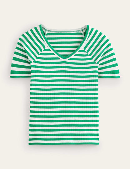 Ada Gestreiftes T-Shirt mit Rippstruktur-Wiesengrün, Naturweiß Gestreift-5
