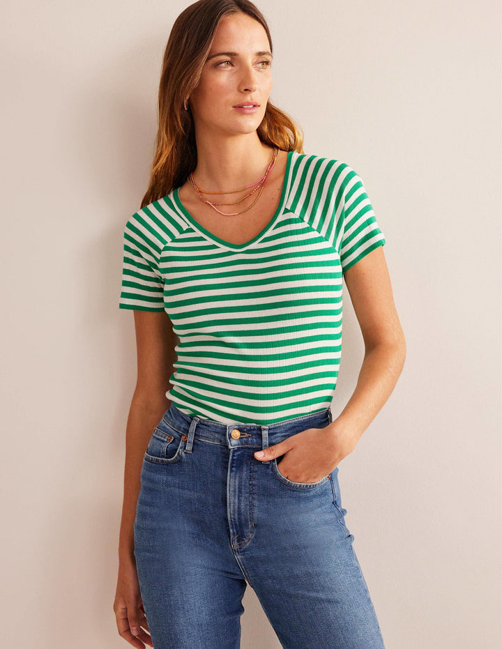 Anna Rib V-Neck T-Shirt-Meadow Green, Ivory Stripe