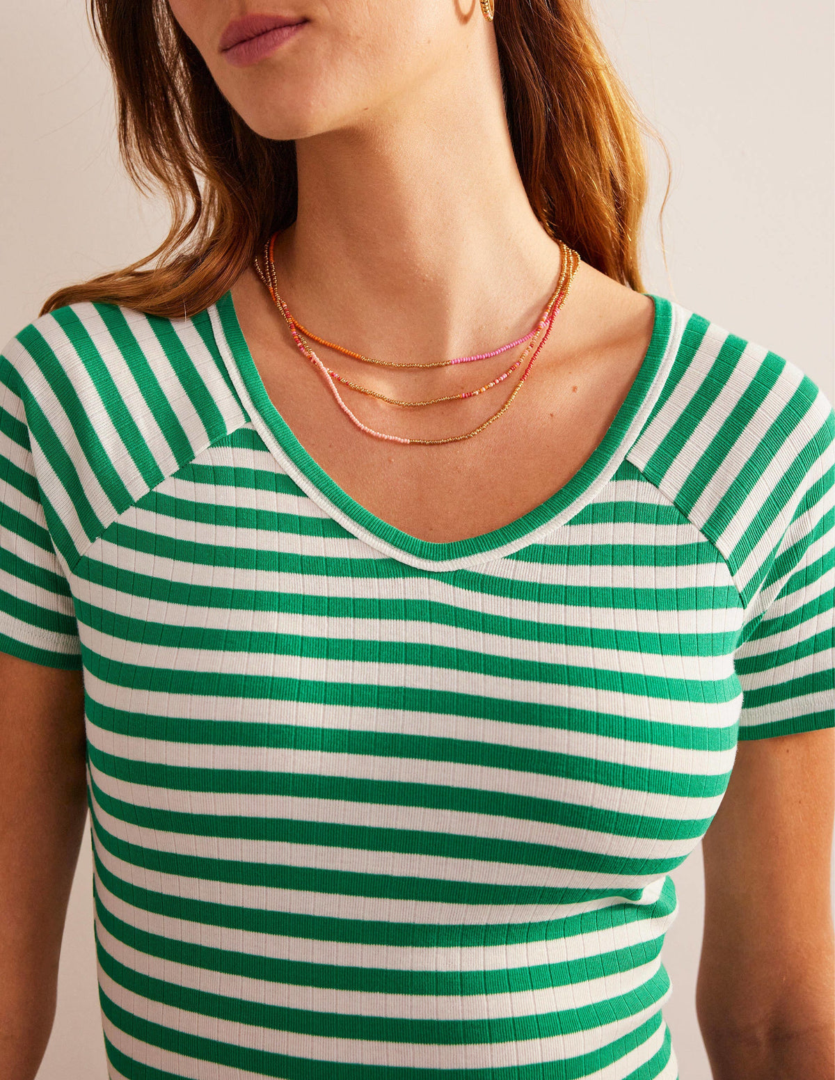 Anna Rib V-Neck T-Shirt-Meadow Green, Ivory Stripe - Image 2
