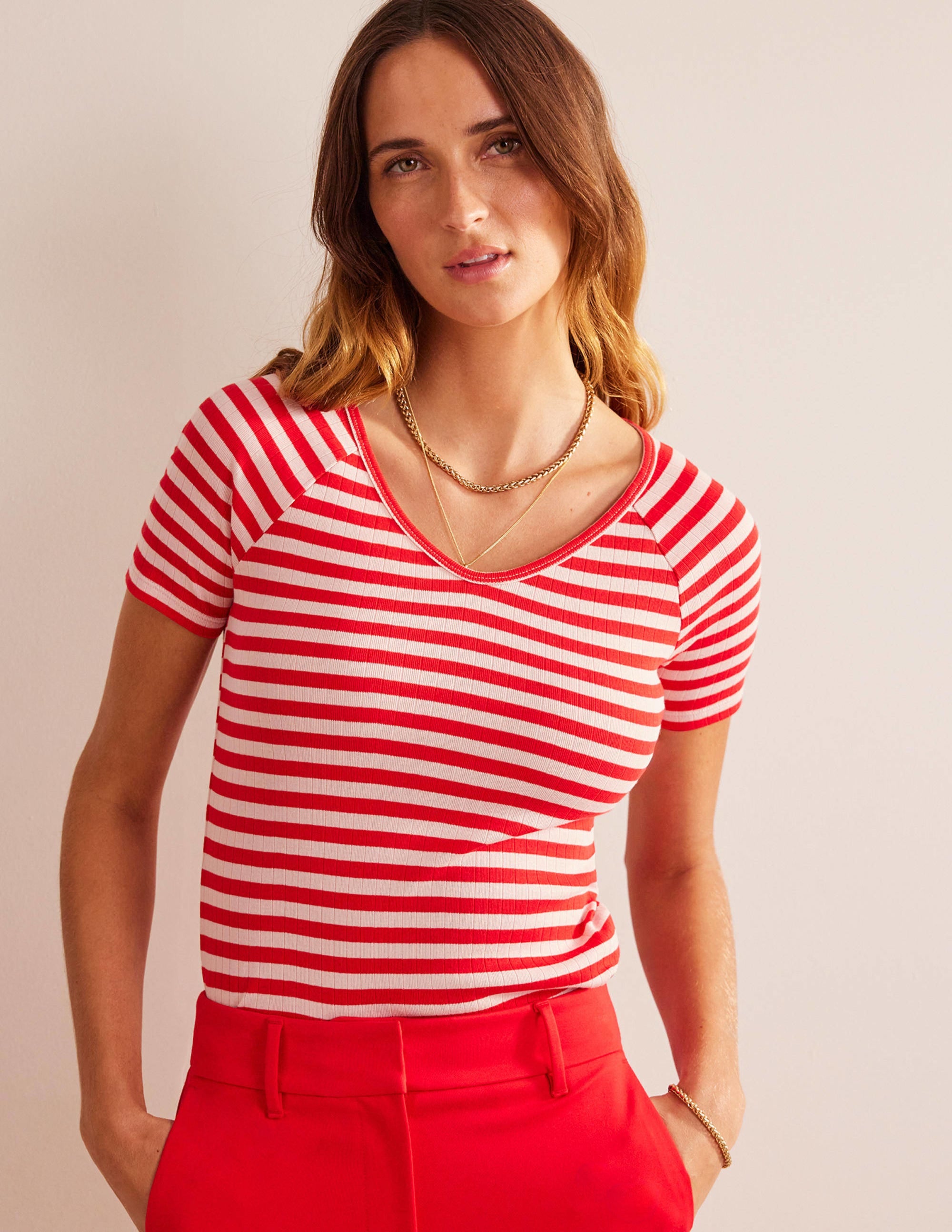 T-shirt Ada côtelé et rayé-Peau de pêche, rayé piment fort - Image 1