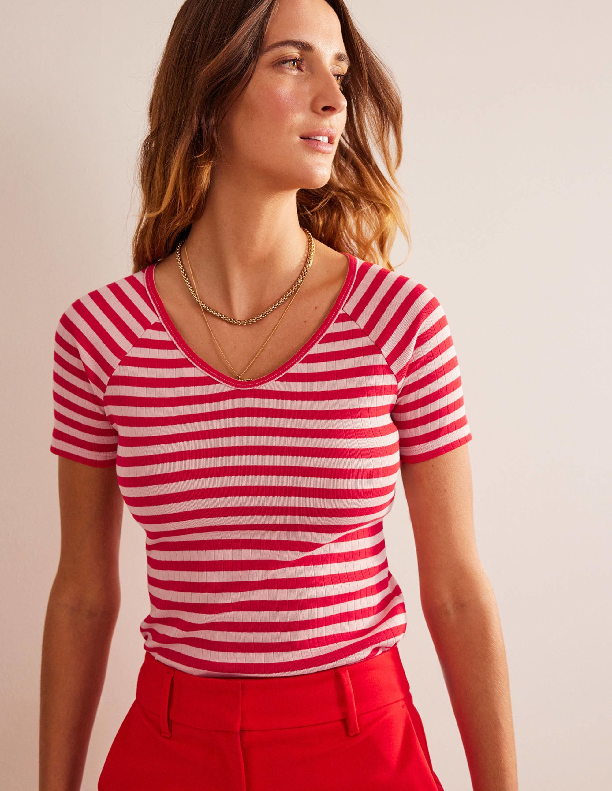T-shirt Ada côtelé et rayé-Peau de pêche, rayé piment fort - Image 4