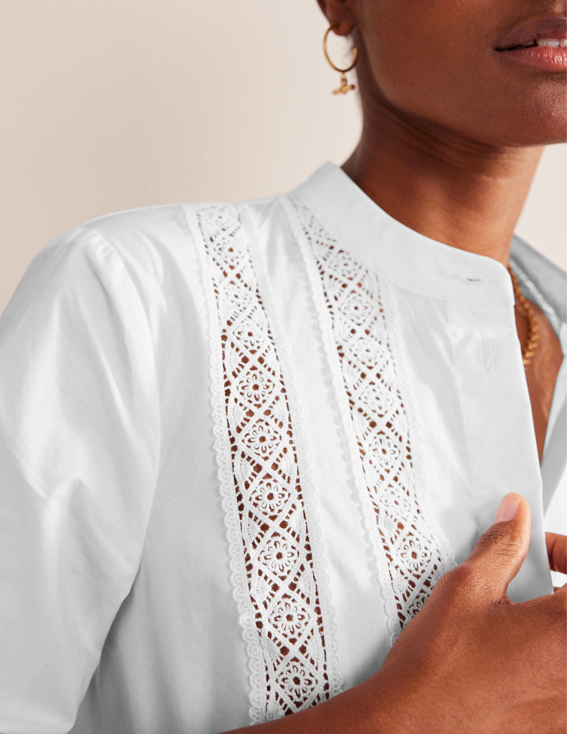 Chemise en popeline avec empiècement en dentelle-Blanc-2