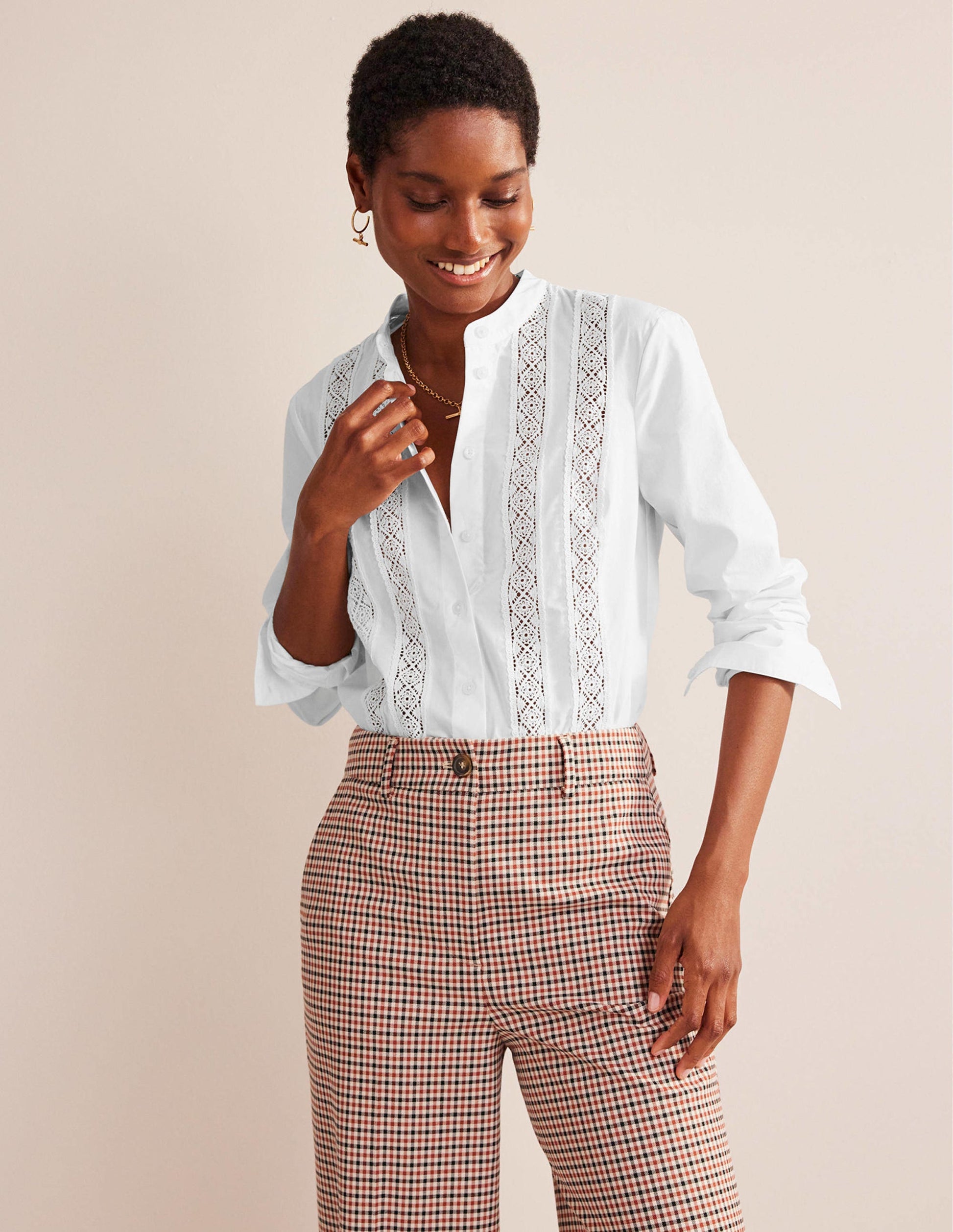 Chemise en popeline avec empiècement en dentelle-Blanc-4