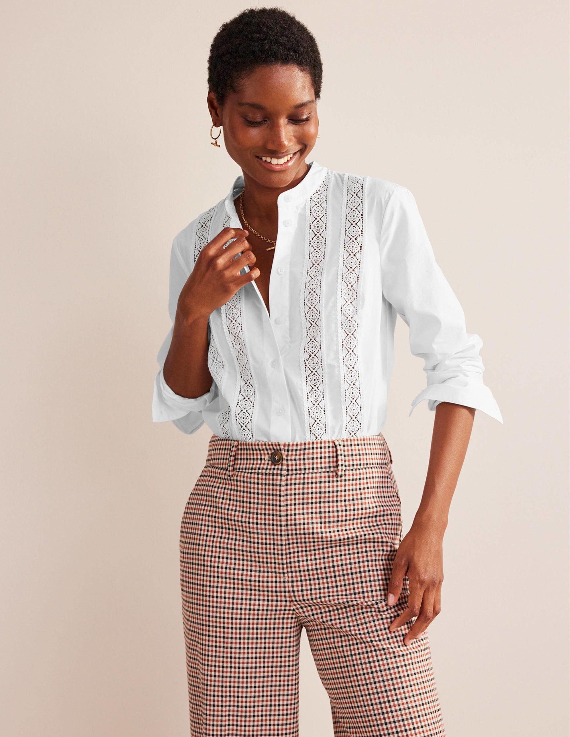 Chemise en popeline avec empiècement en dentelle-Blanc - Image 4