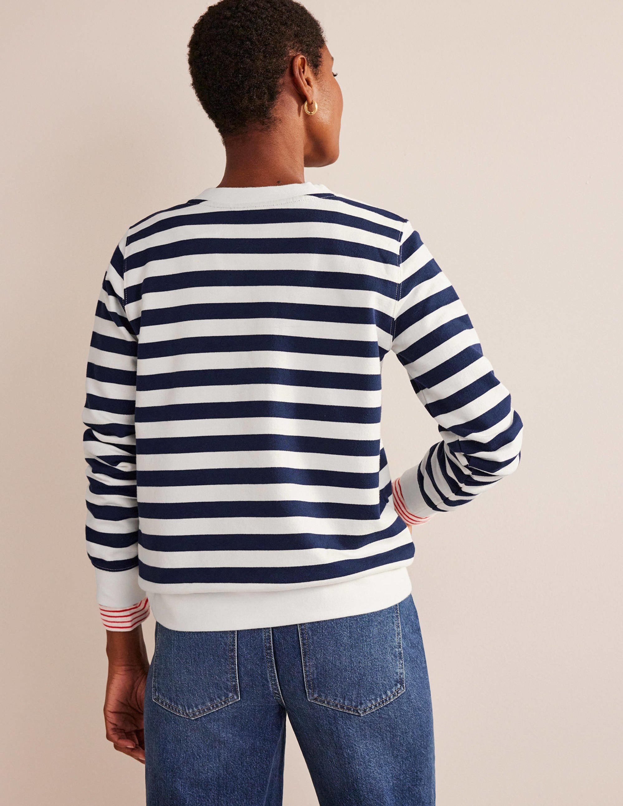 Kastenförmiges Sweatshirt aus tiefem Rippstrick-Französisches Marineblau/Naturweiß Gestreift - Image 3