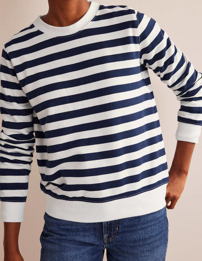 Kastenförmiges Sweatshirt aus tiefem Rippstrick-Französisches Marineblau/Naturweiß Gestreift