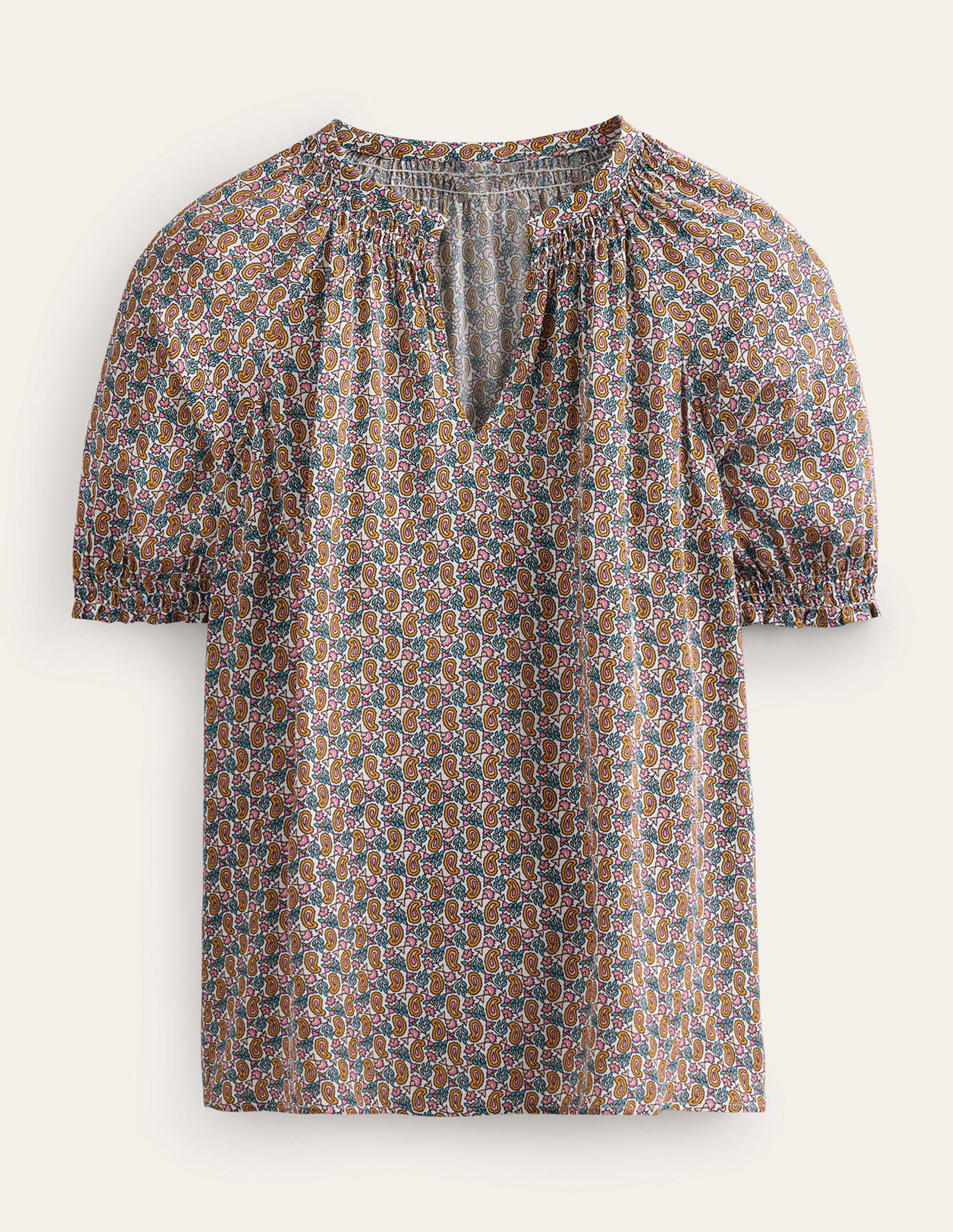 Gathered Neck Short Sleeve Top-Plum Blossom, Paisley Stem - Image 5