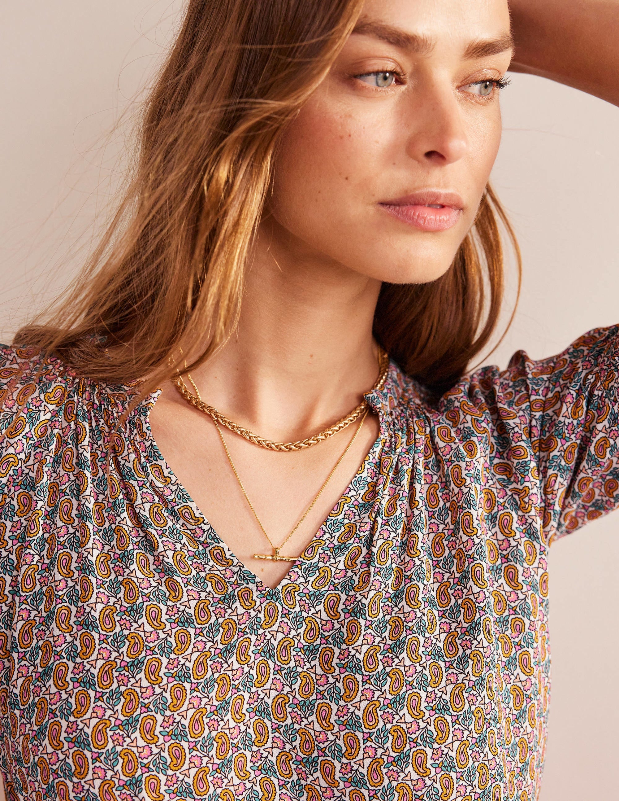 Gathered Neck Short Sleeve Top-Plum Blossom, Paisley Stem - Image 2
