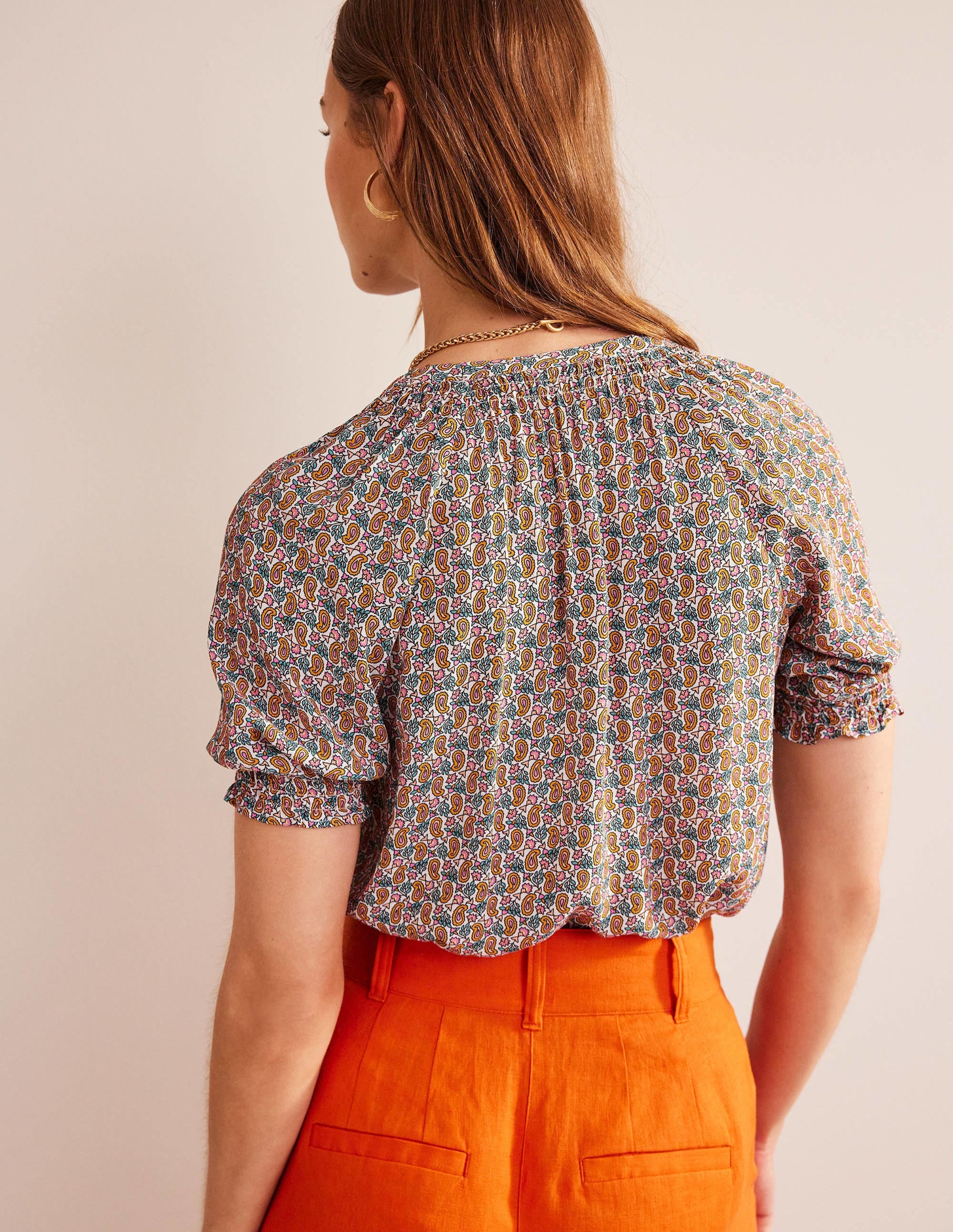 Gathered Neck Short Sleeve Top-Plum Blossom, Paisley Stem - Image 3
