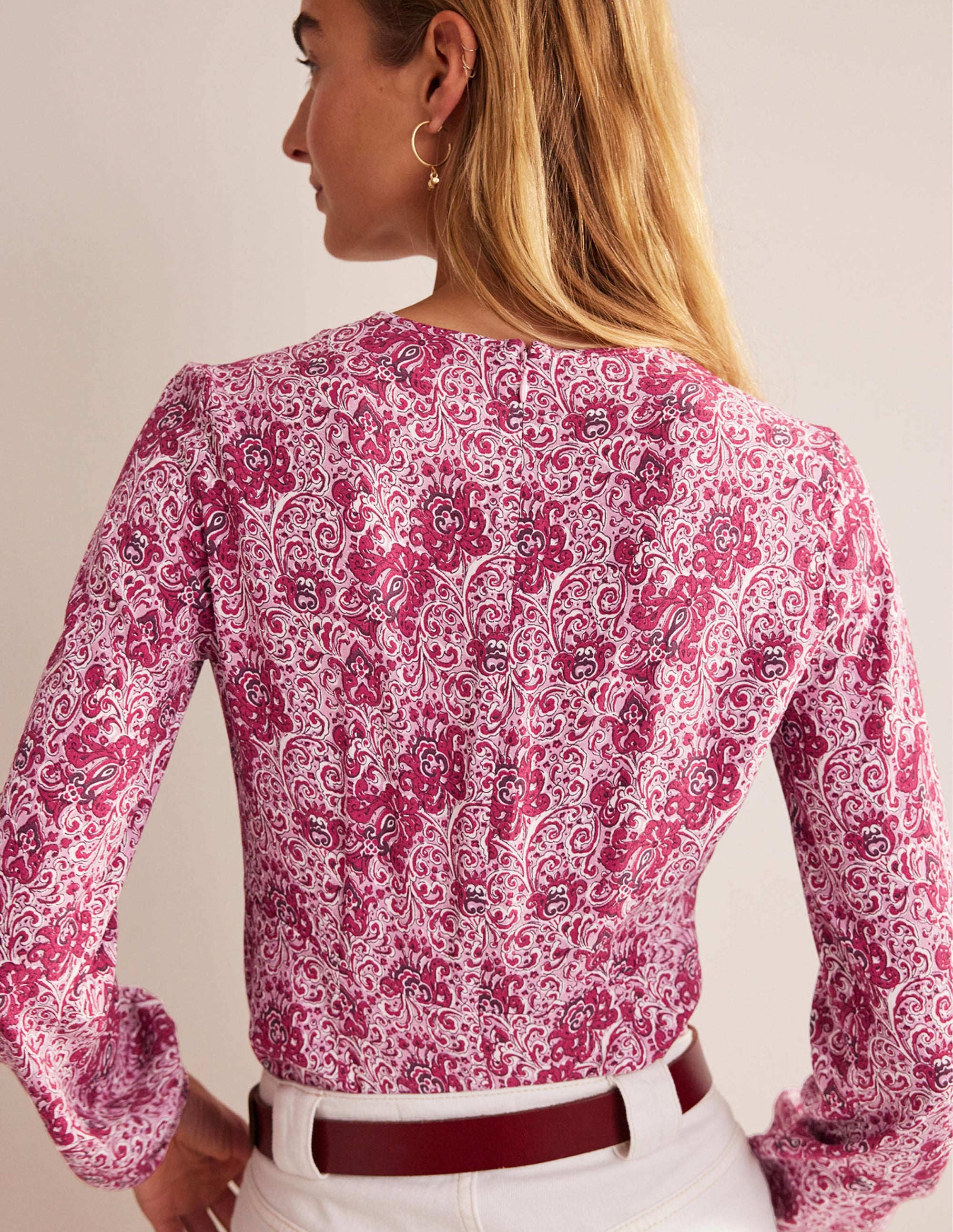 Empire-Waist Long-Sleeve Top-Strawberry Sherbet, Botanic - Image 3