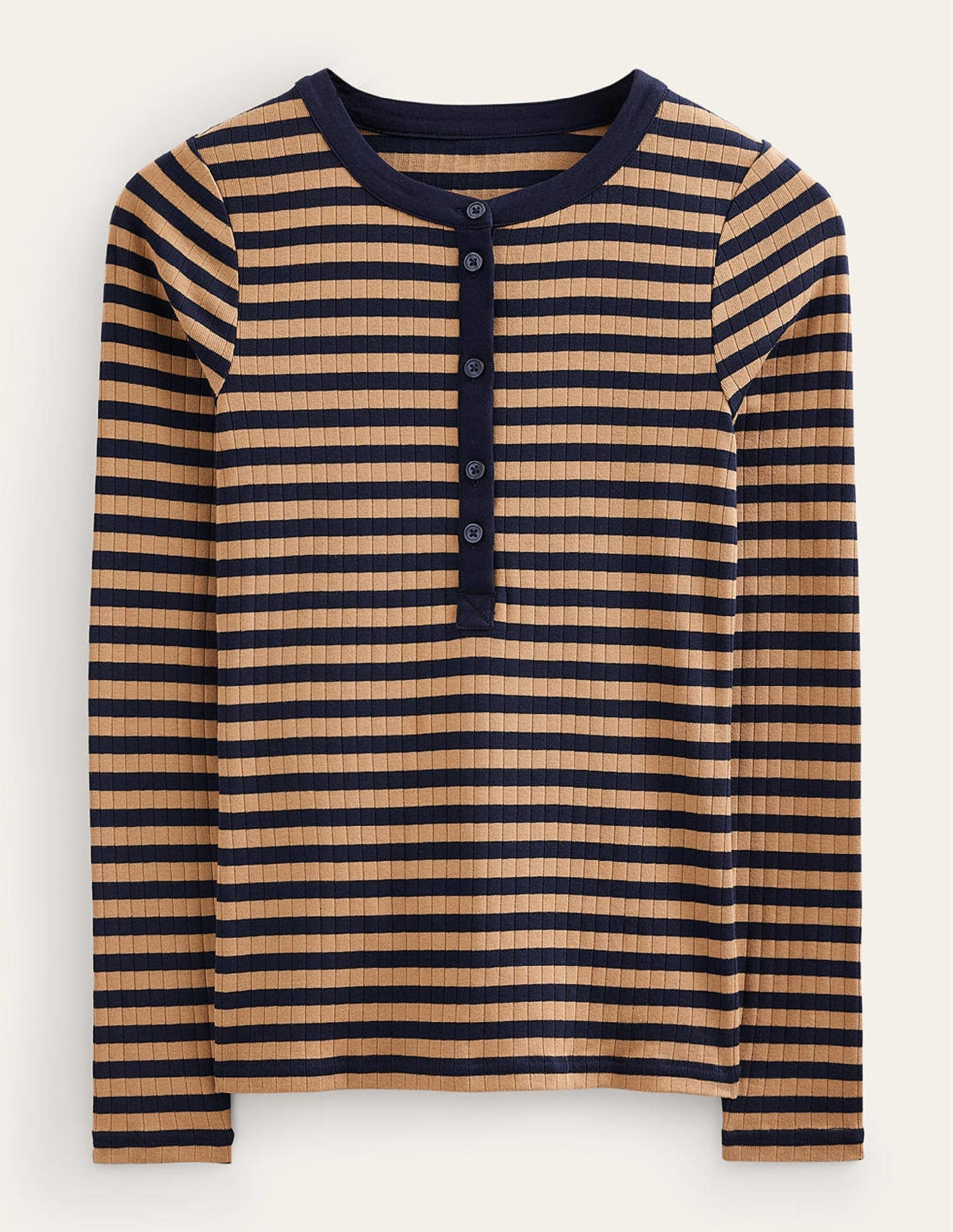 Anna Henley-T-Shirt aus Rippstrick-Marineblau, Kamel