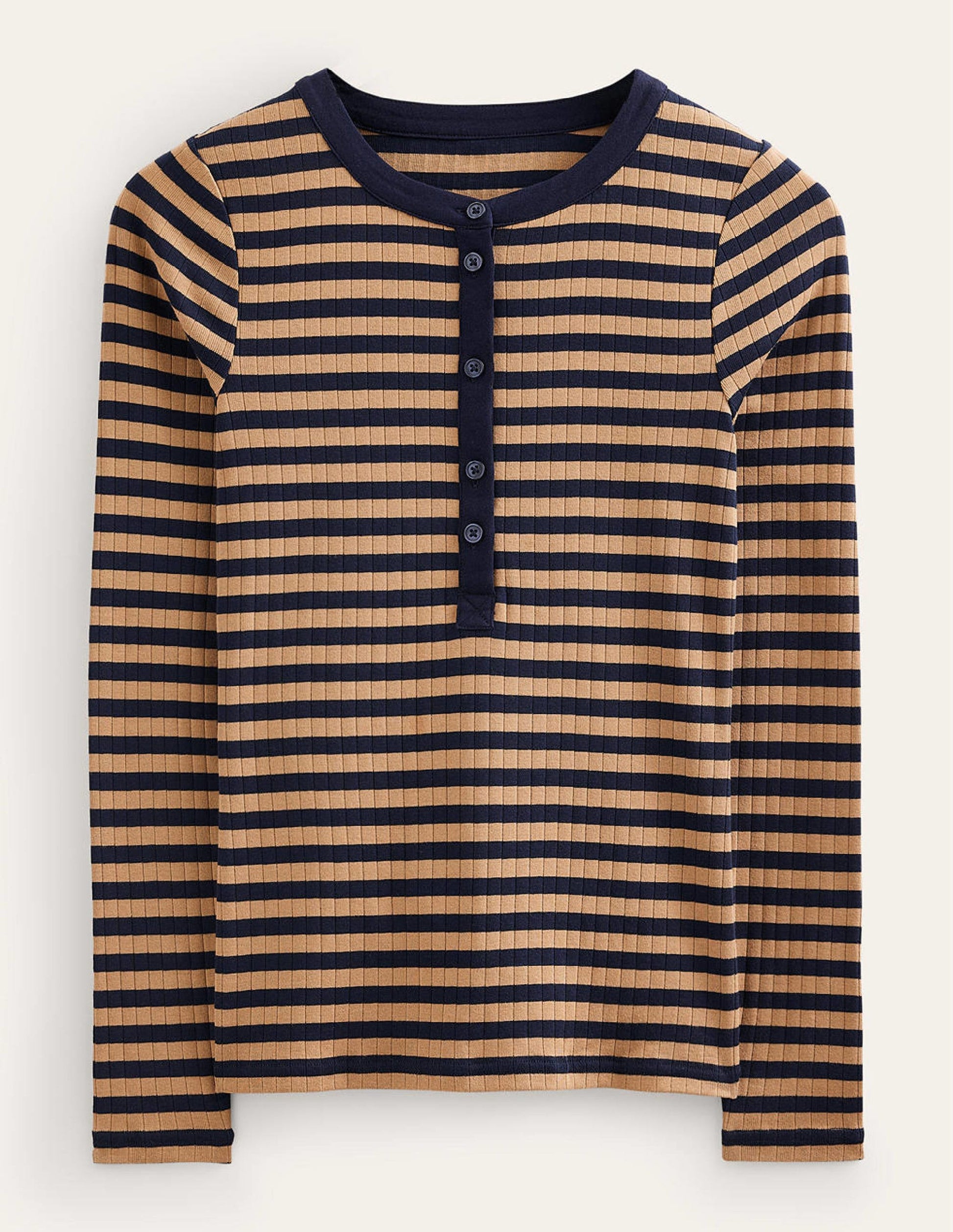 Anna Henley-T-Shirt aus Rippstrick-Marineblau, Kamel-5