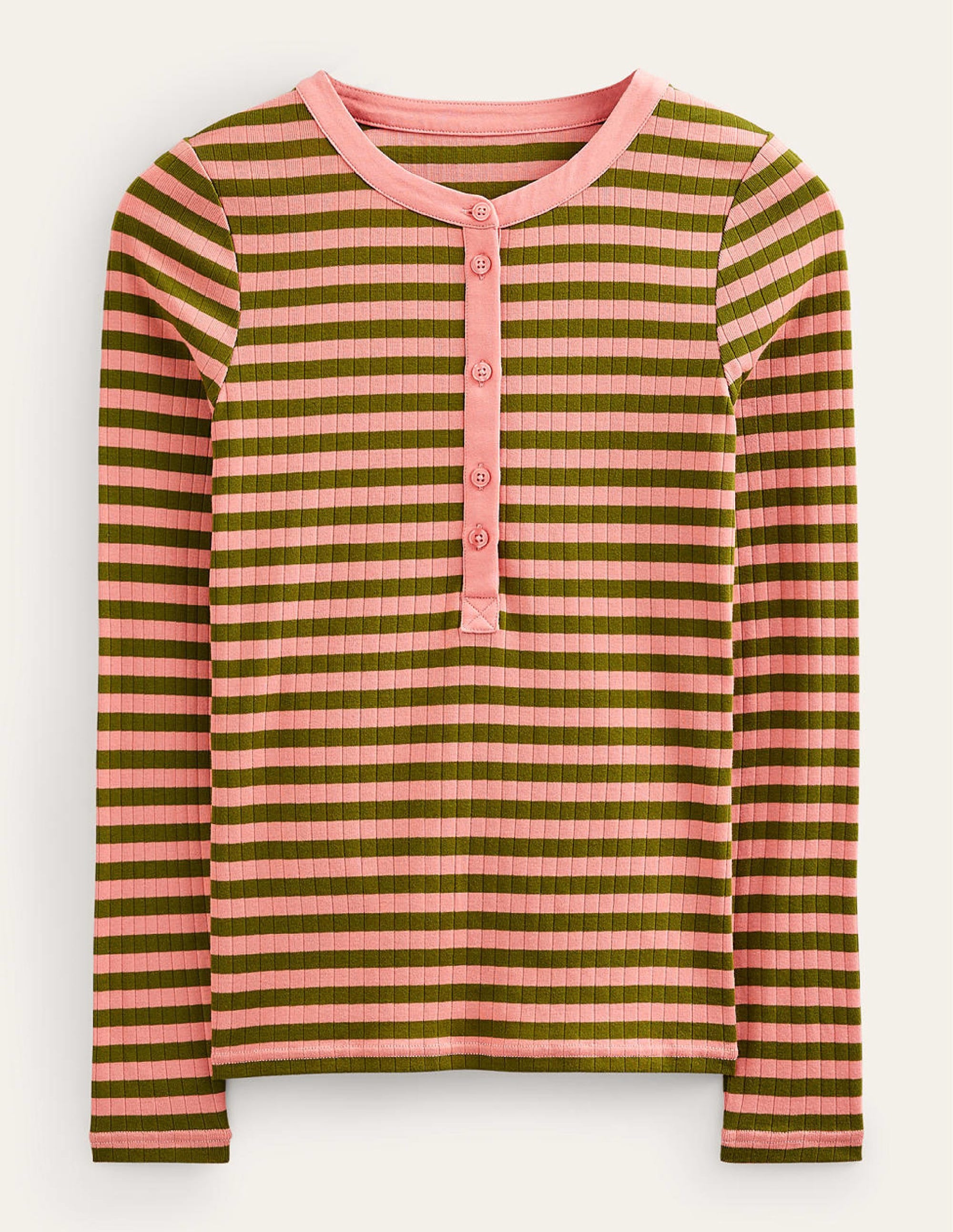 T-shirt Anna côtelé à col tunisien-Fard rosé, vert olive - Image 5