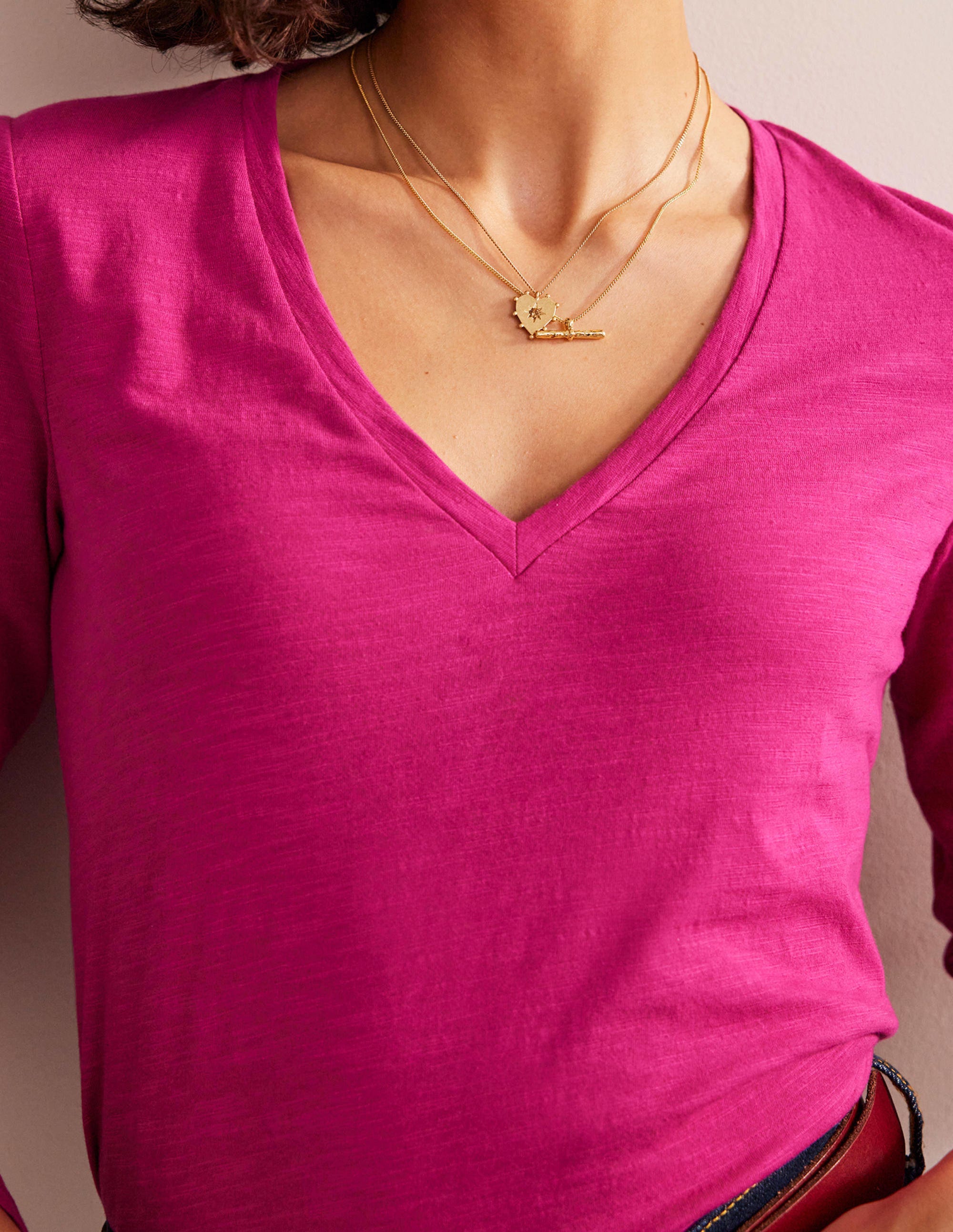 Cotton V-Neck Long Sleeve Top-Festival Fushsia - Image 2