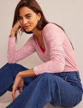 Cotton V-Neck Long Sleeve Top-Ivory, Red