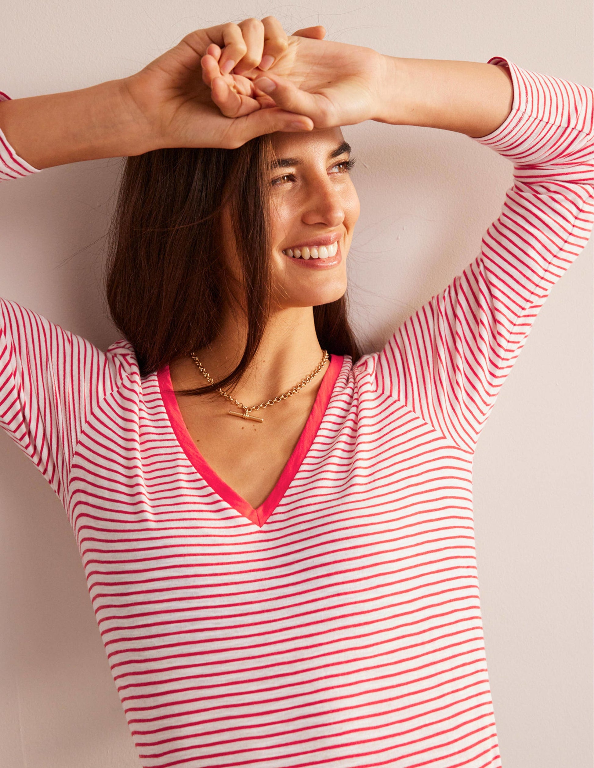 Cotton V-Neck Long Sleeve Top-Ivory, Red-2