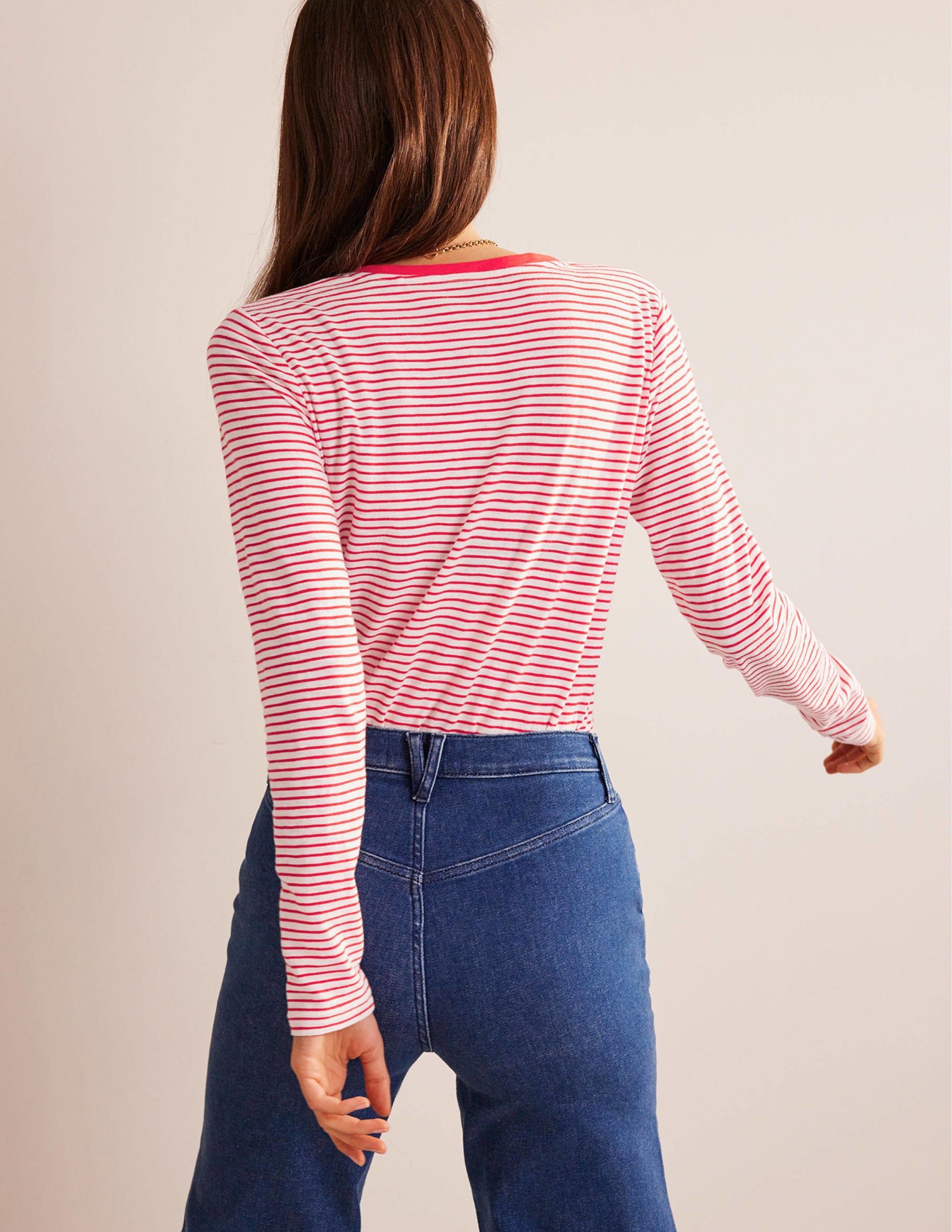 Cotton V-Neck Long Sleeve Top-Ivory, Red - Image 3