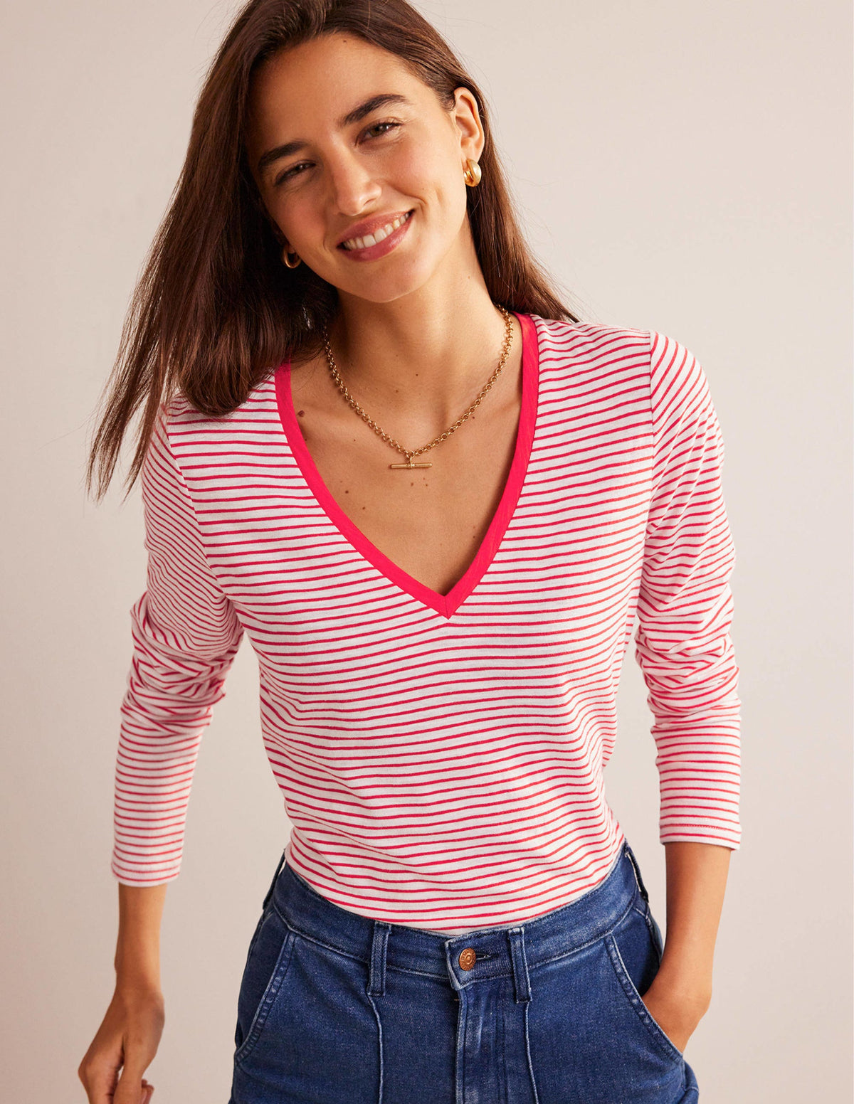 Cotton V-Neck Long Sleeve Top-Ivory, Red - Image 4