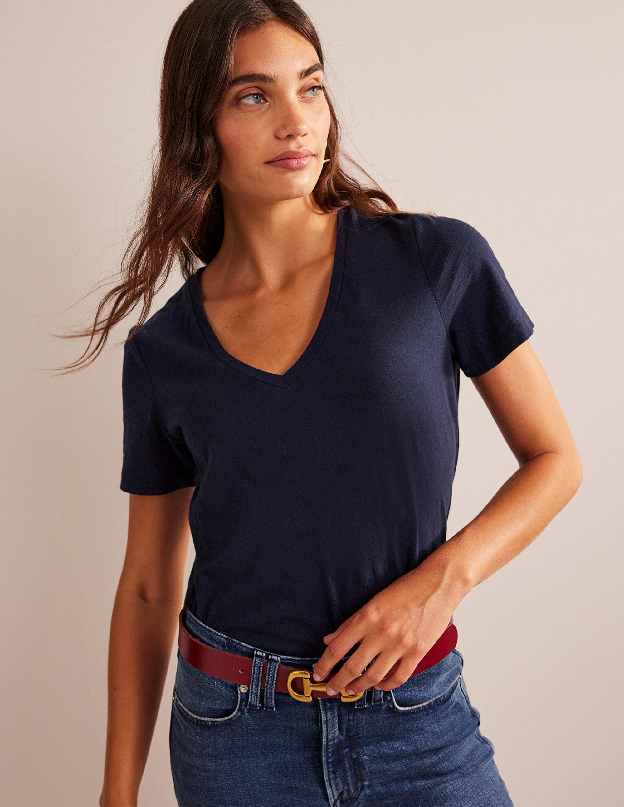 T-shirt flammé à col en V-Bleu marine - Image 4