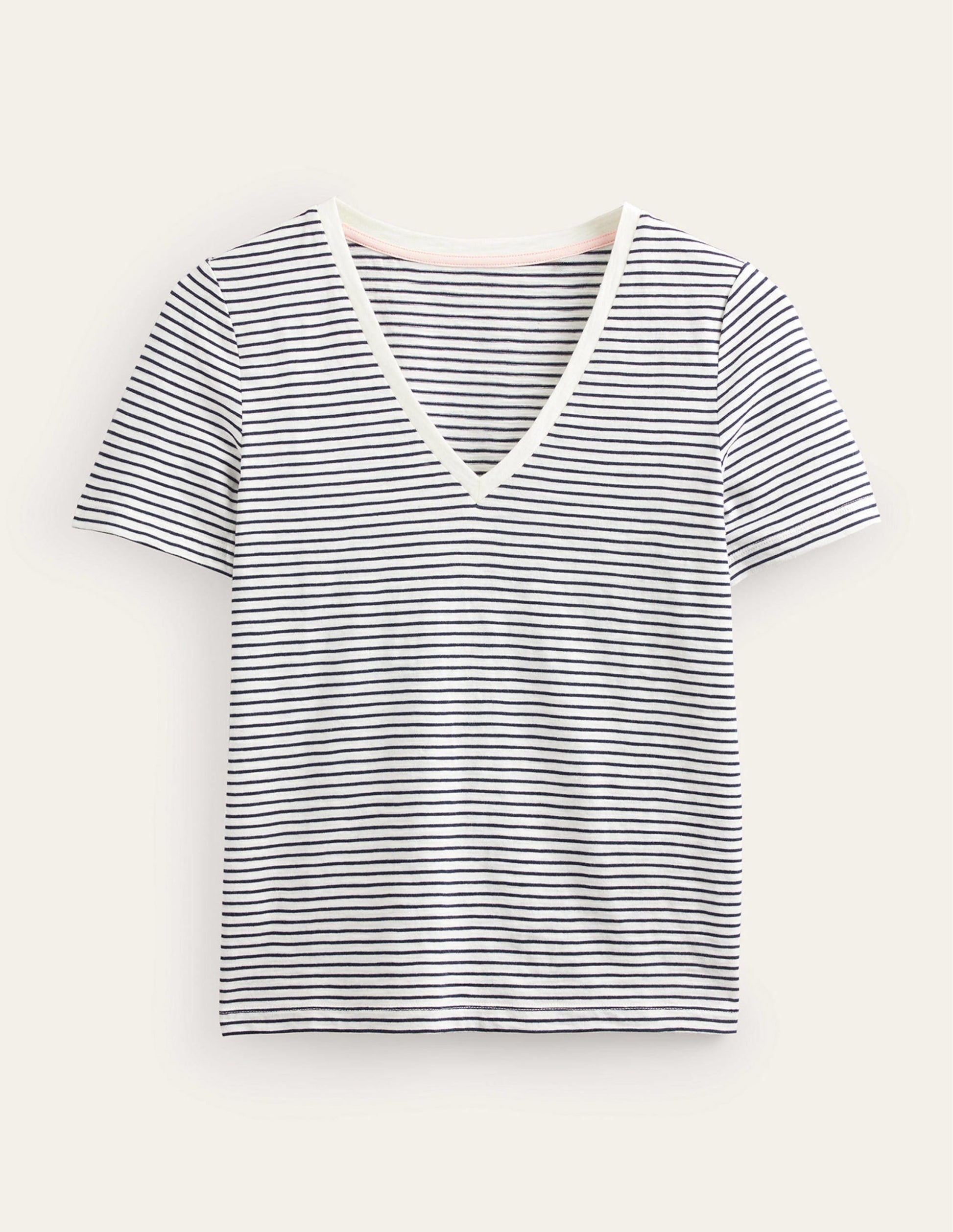 Regular V-Neck Slub T-shirt-Ivory, Navy-5