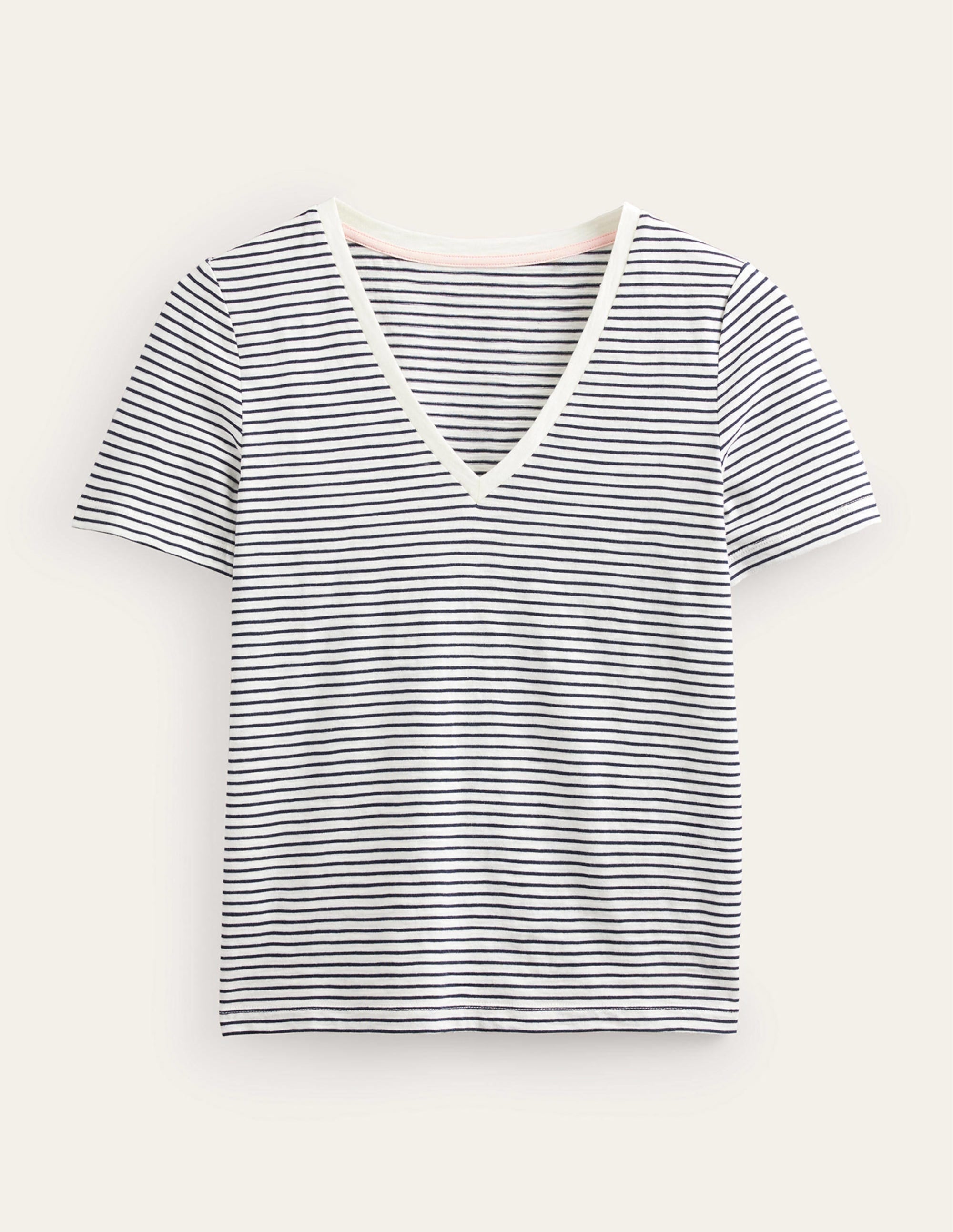 Flammgarn-T-Shirt mit V-Ausschnitt und normaler Passform-Naturweiß/Marineblau - Image 5