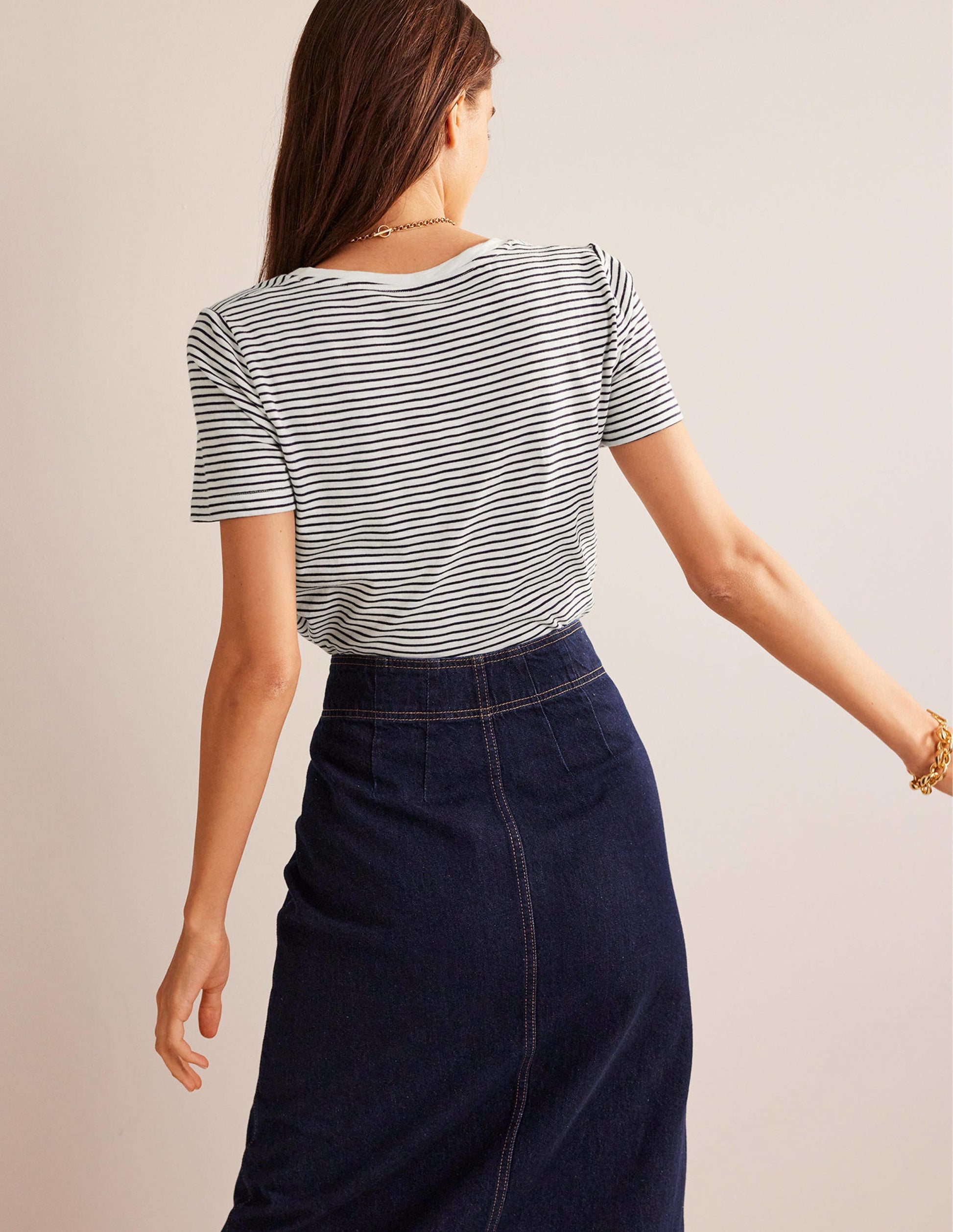 Regular V-Neck Slub T-shirt-Ivory, Navy-3