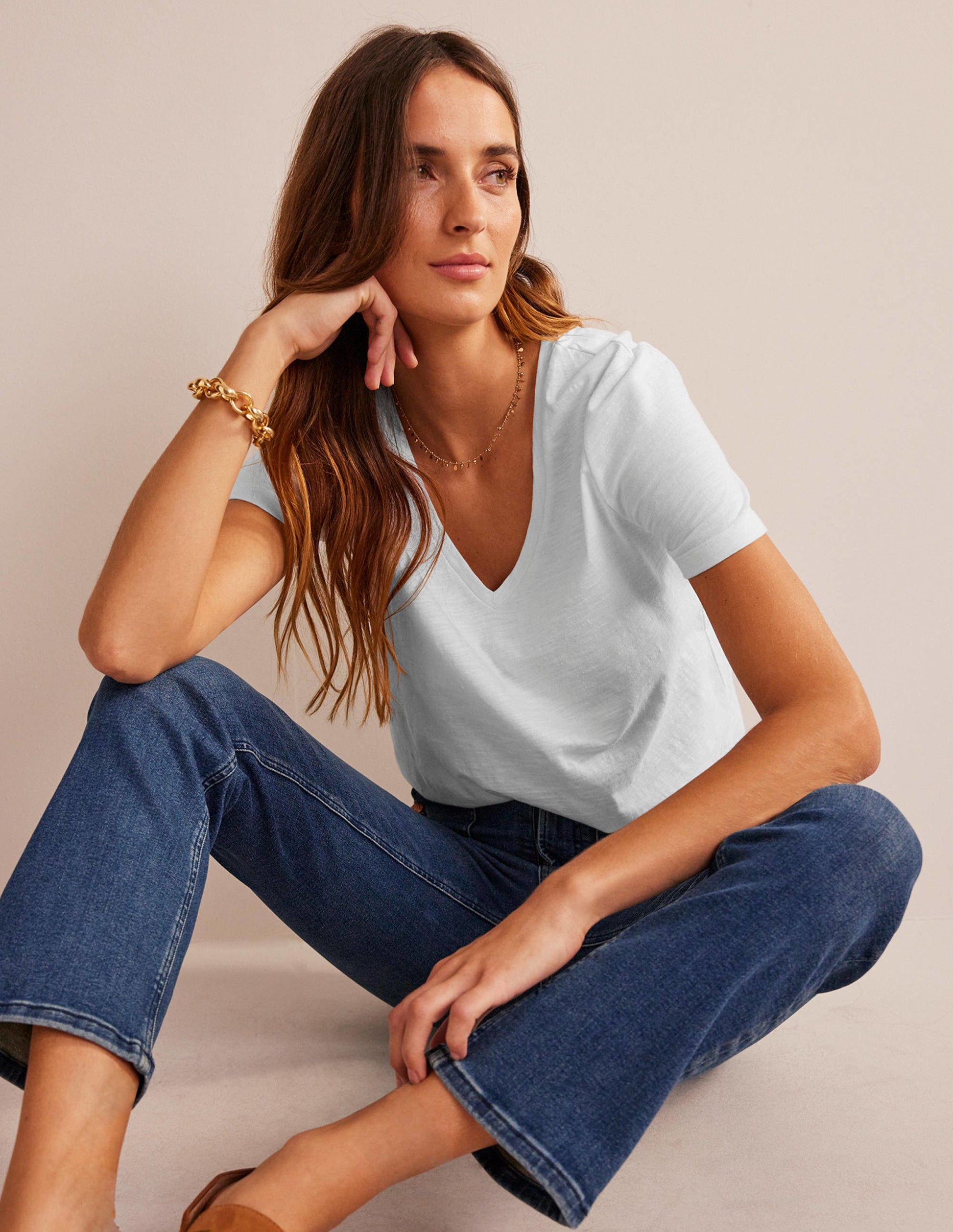 Regular V-Neck Slub T-shirt-White-4