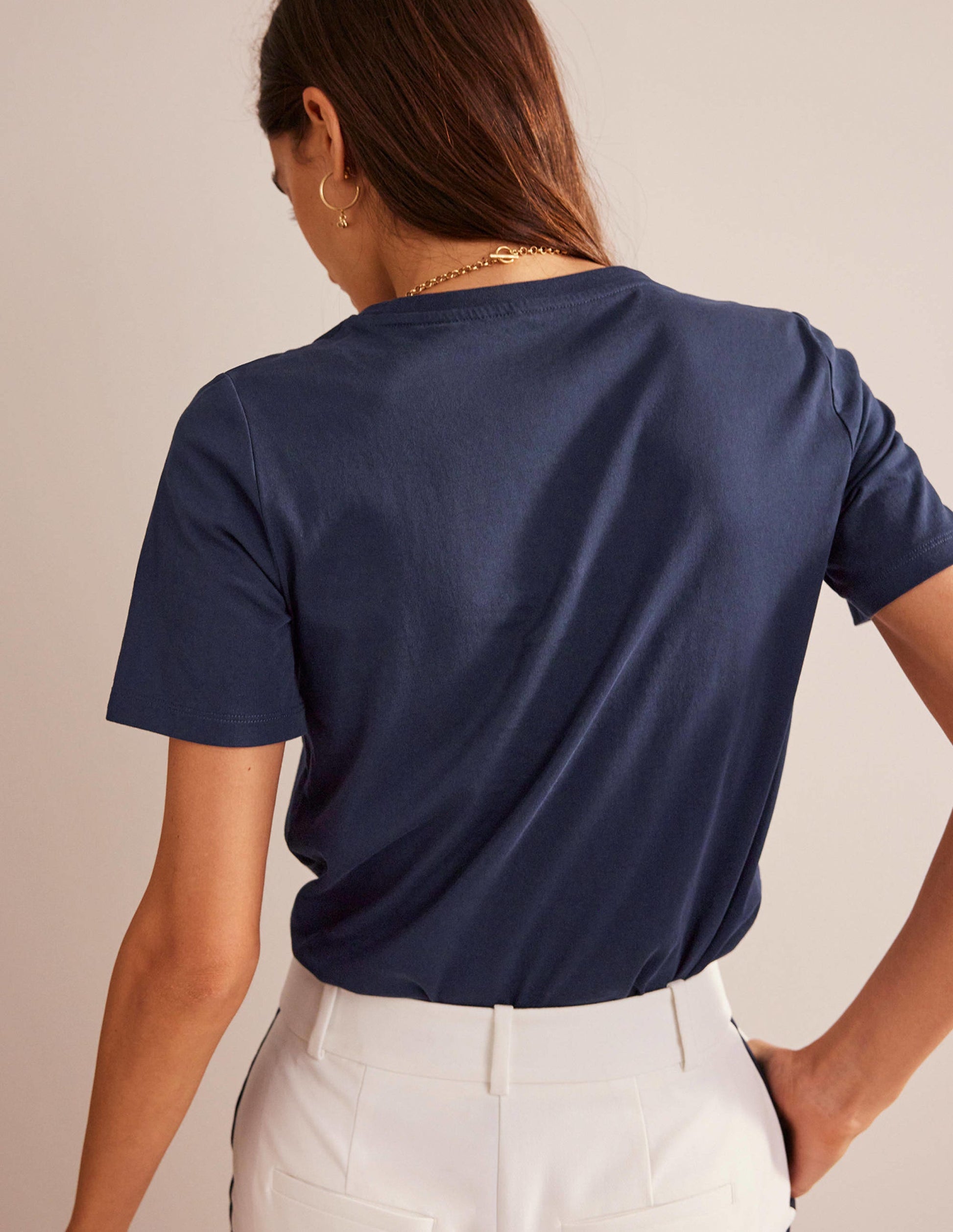 T-Shirt aus reiner Baumwolle mit Rundhalsausschnitt-Marineblau-3