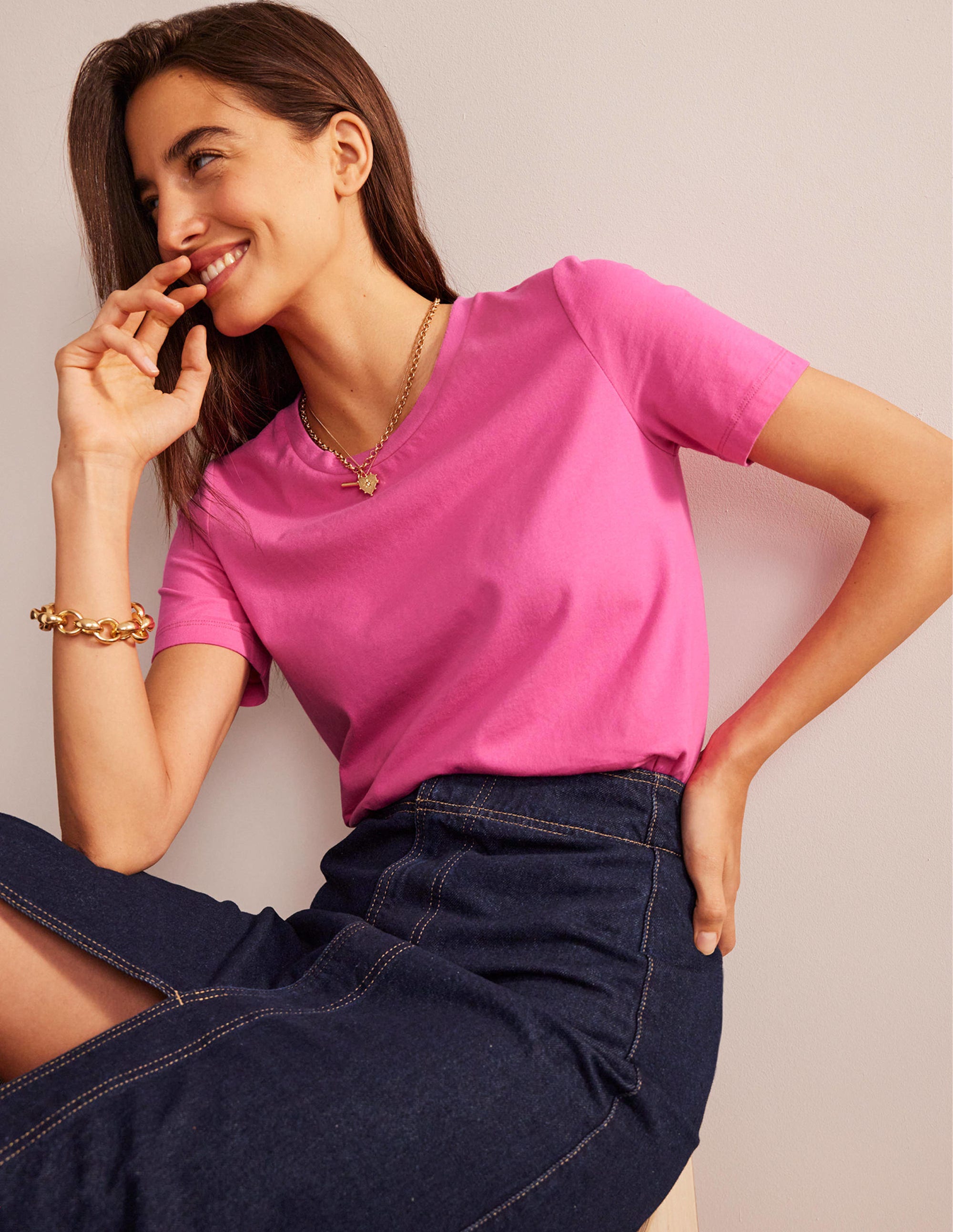 T-Shirt aus reiner Baumwolle mit Rundhalsausschnitt-Pink - Image 1