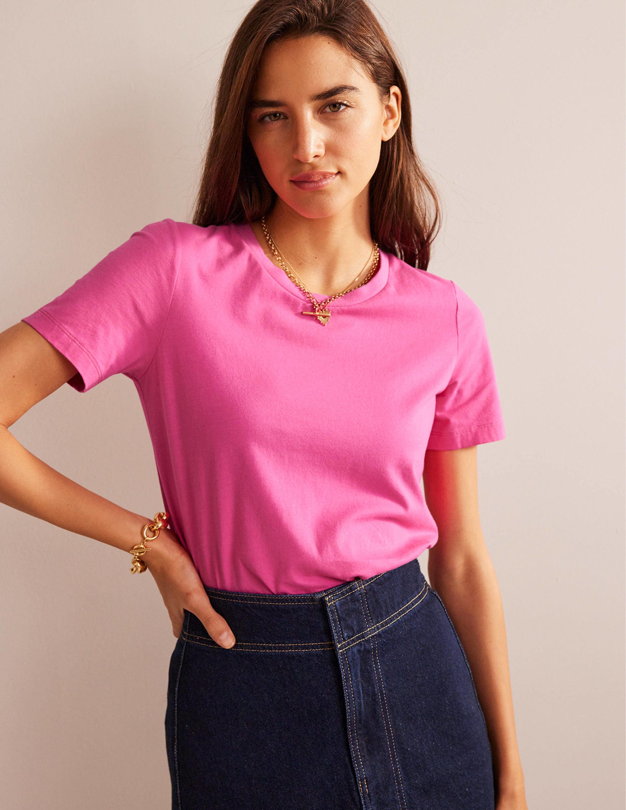 T-Shirt aus reiner Baumwolle mit Rundhalsausschnitt-Pink - Image 4