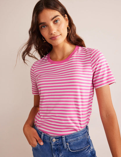 T-Shirt aus reiner Baumwolle mit Rundhalsausschnitt-Naturweiß, Rosa