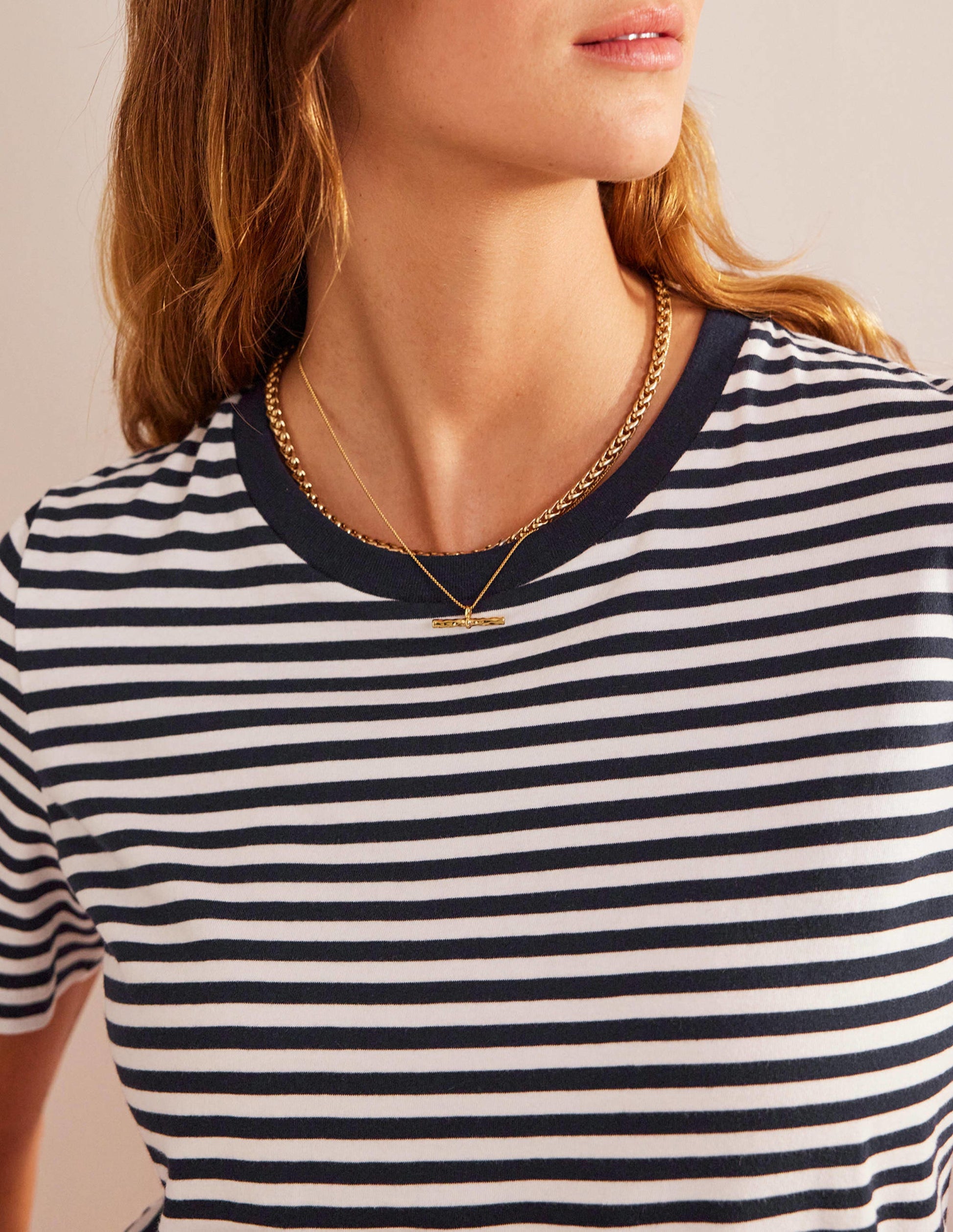 T-Shirt aus reiner Baumwolle mit Rundhalsausschnitt-Naturweiß/Marineblau-2