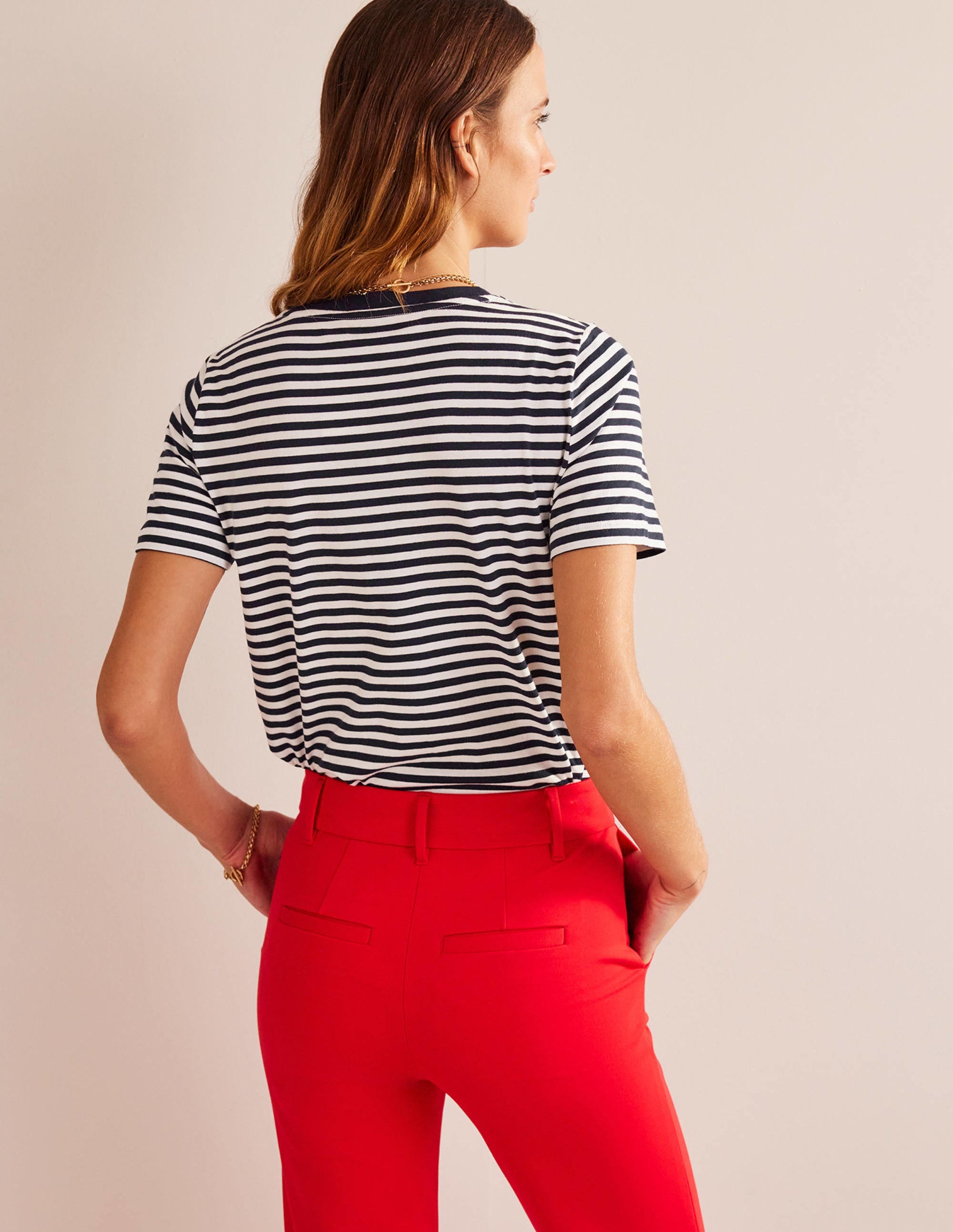Pure Cotton Crew T-shirt-Ivory, Navy - Image 3