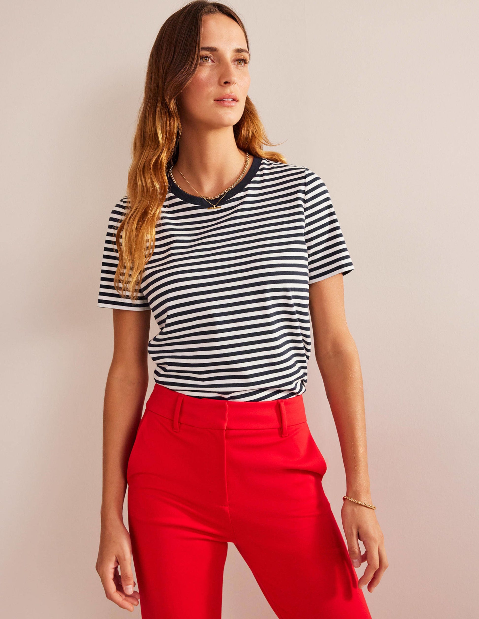 T-Shirt aus reiner Baumwolle mit Rundhalsausschnitt-Naturweiß/Marineblau-4