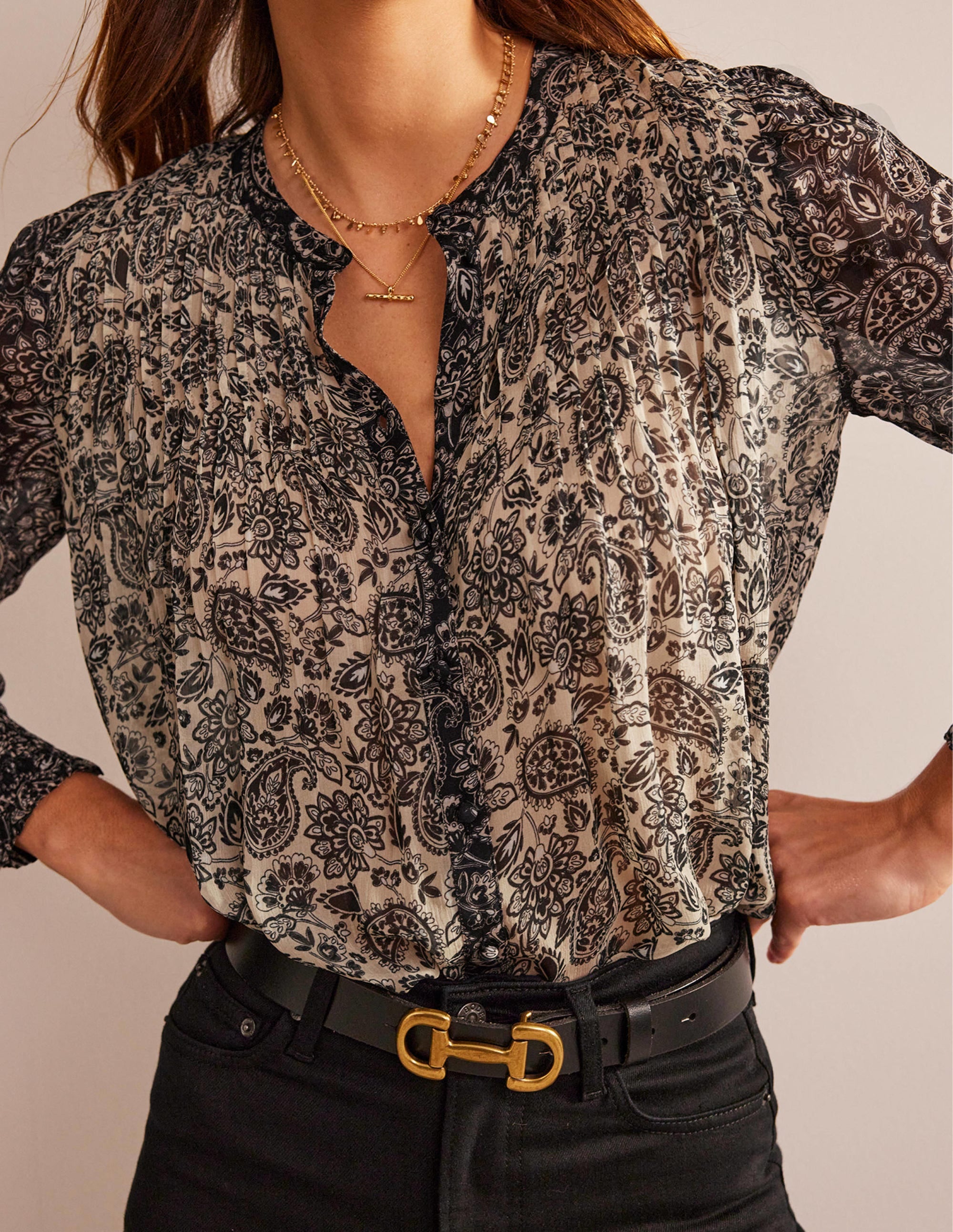 Blouse Isla recyclée à nervures-Noir, motif cachemire - Image 2